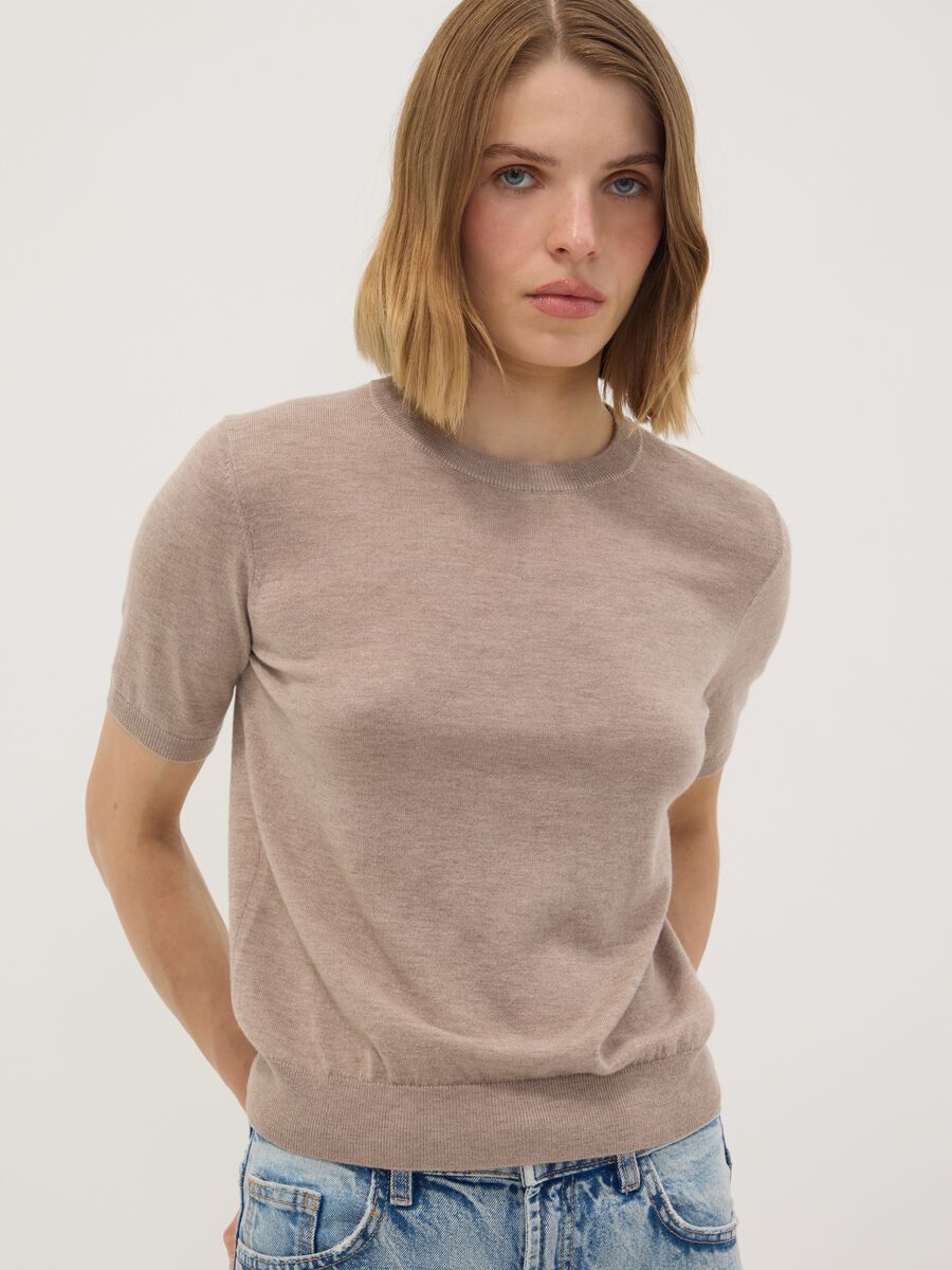 Beige short-sleeve crew-neck wool-blend jumper, regular fit_0