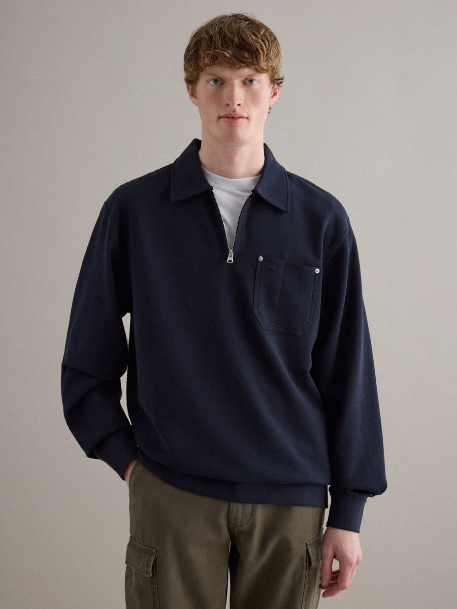 Felpa in puro cotone blu regular fit con mezza zip e colletto_1