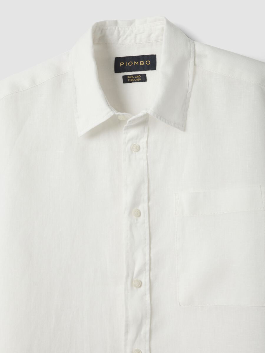 White pure linen short-sleeve shirt, regular fit with chest pocket_5