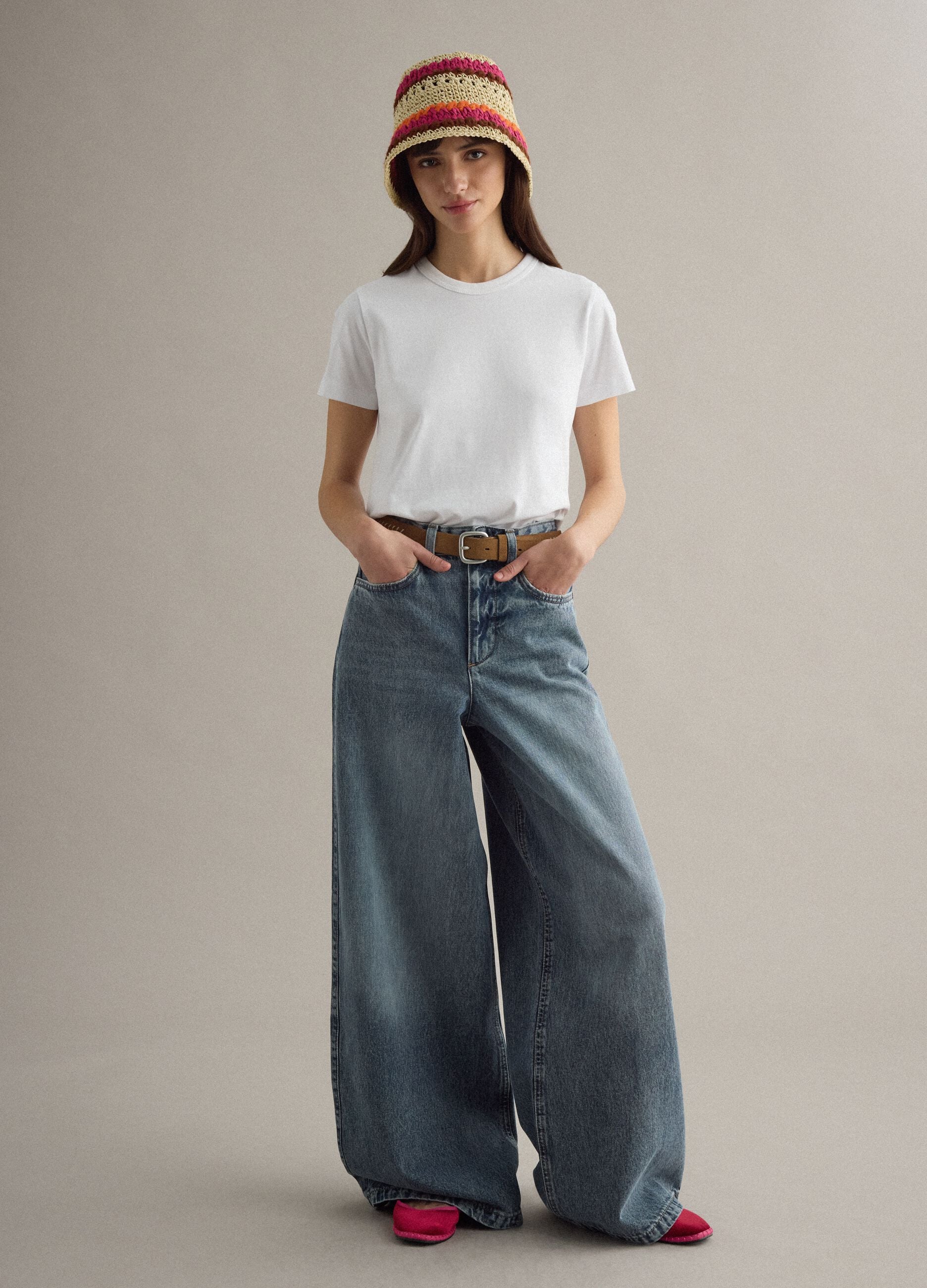 Wide Leg Blue Denim Pure Cotton Jeans