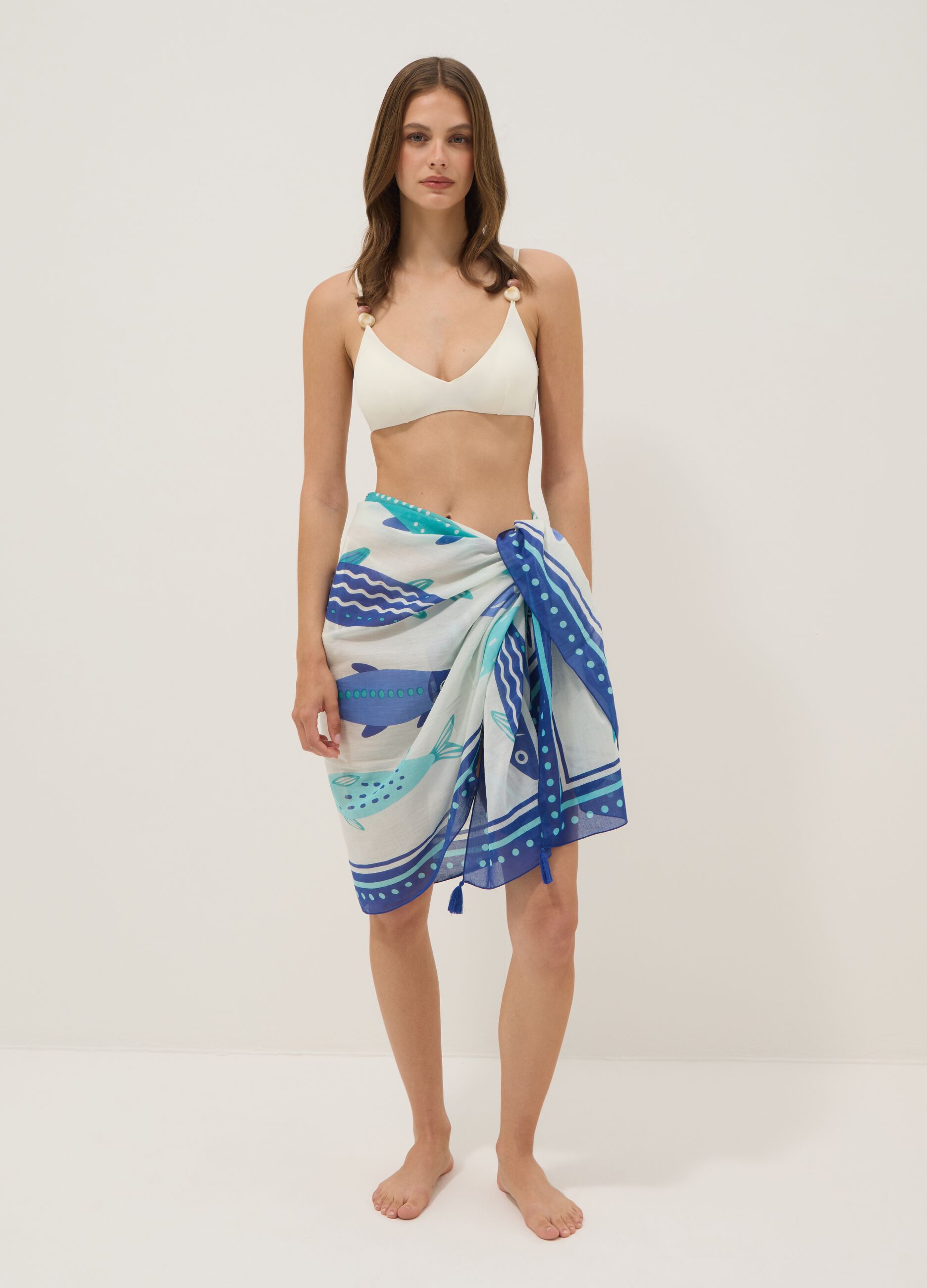 Blue pure cotton pareo with nautical print