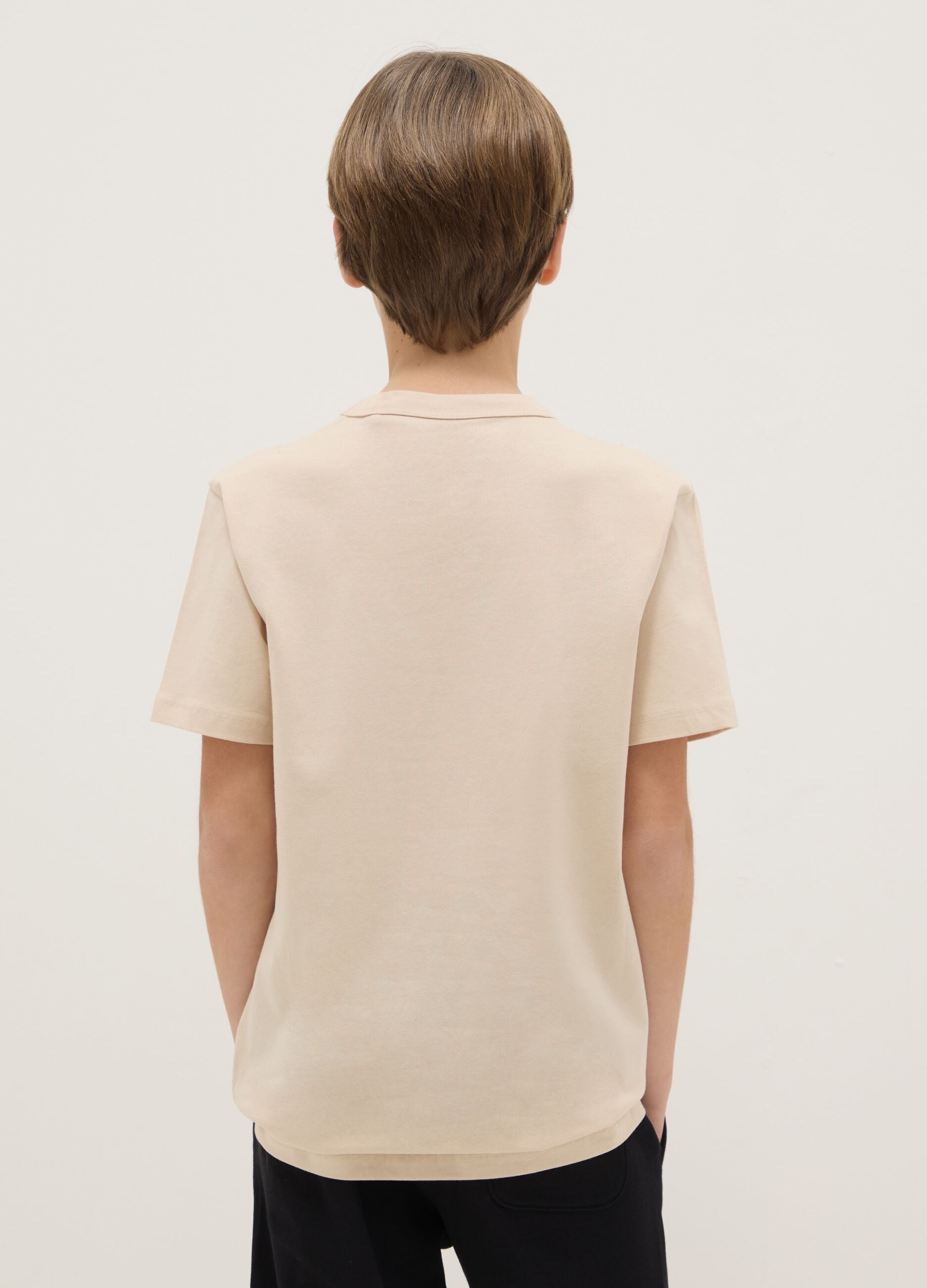 Boy's beige crew neck T-shirt in pure cotton, over fit