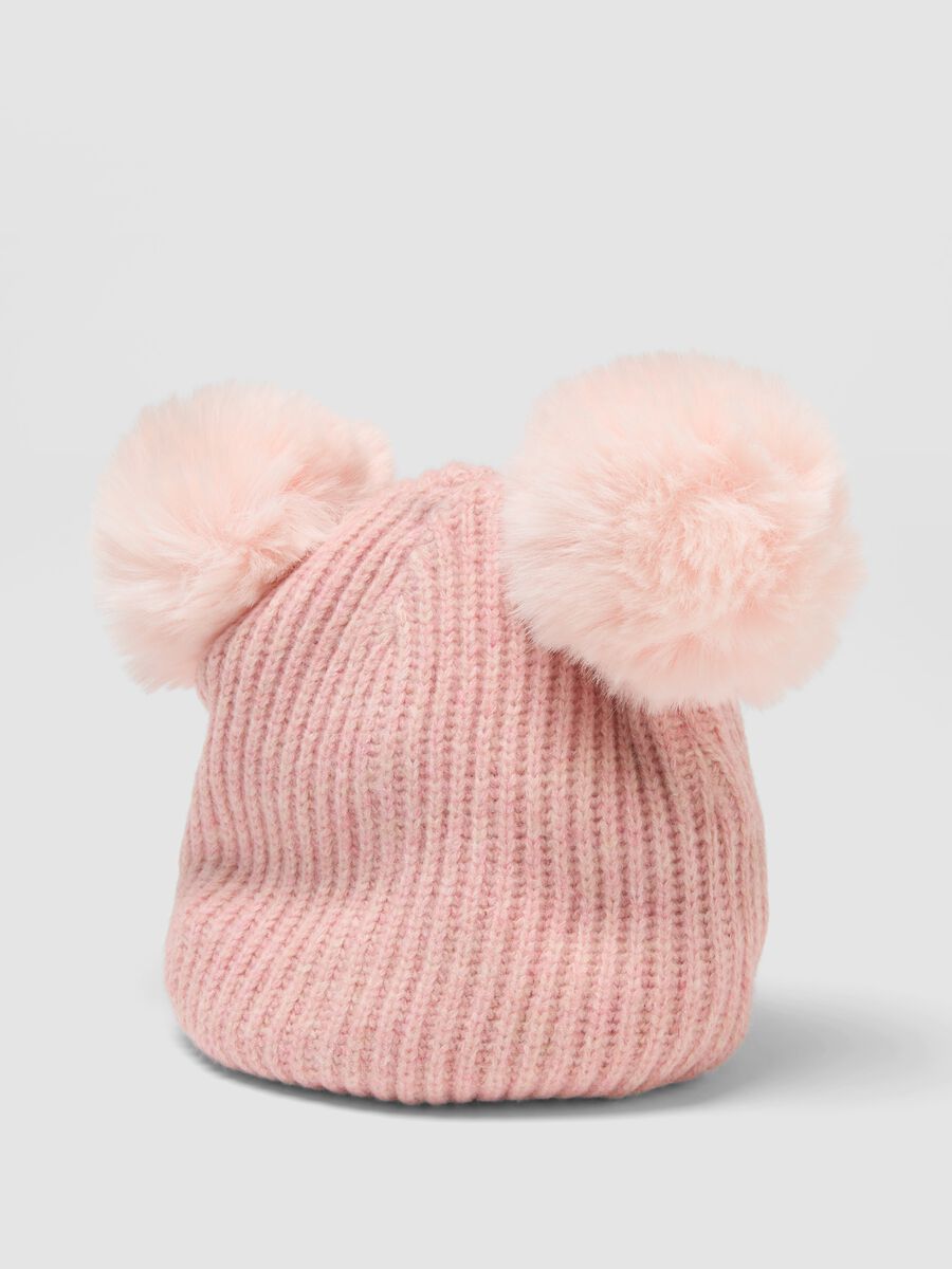Pink ribbed wool-blend hat with two pom-poms_2