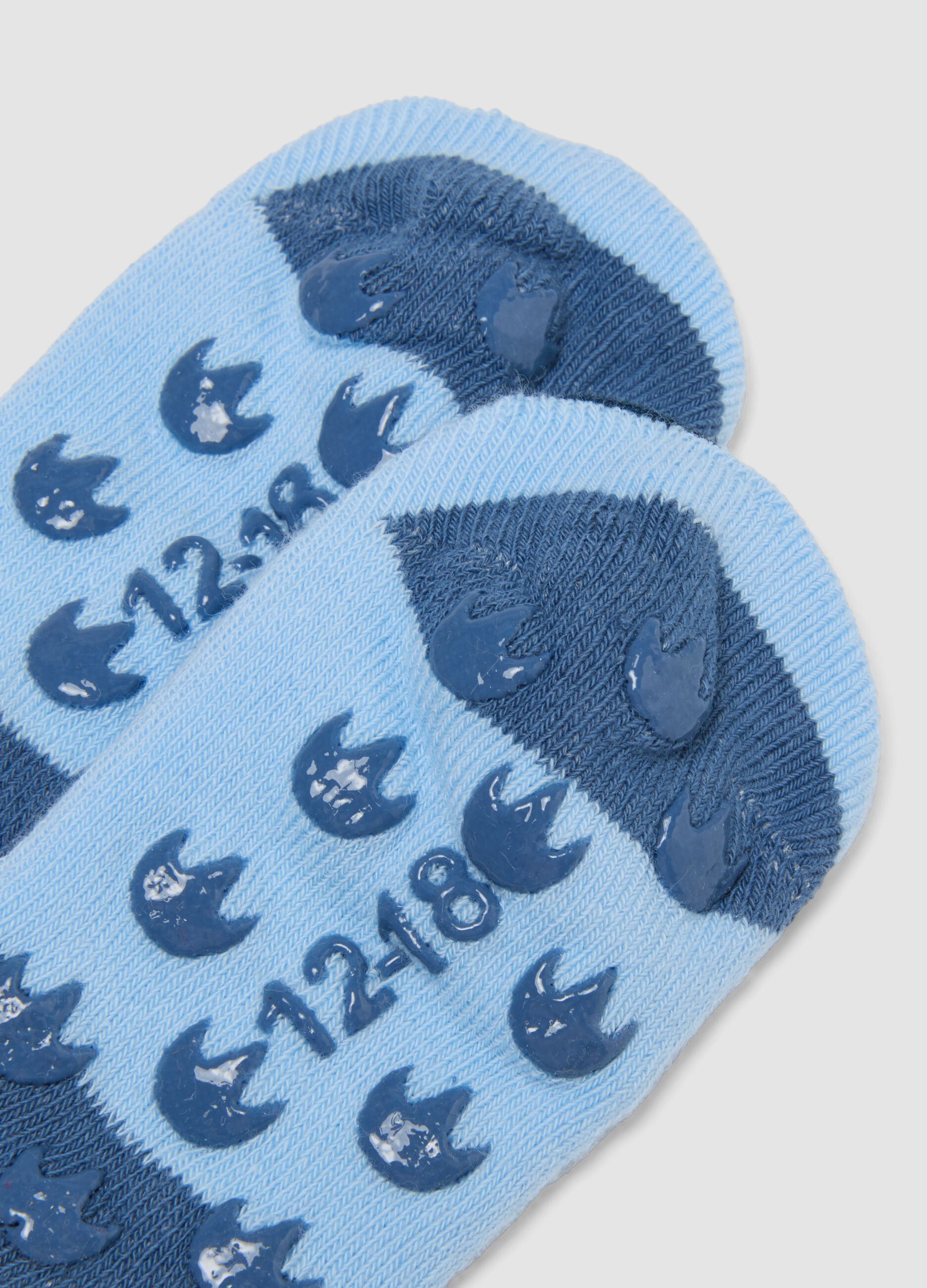 Blue anti-slip socks in organic stretch cotton with dinosaur