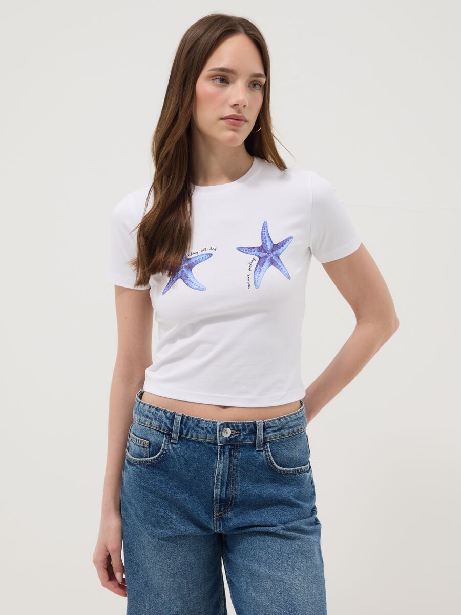 White regular fit stretch cotton t-shirt with starfish_1