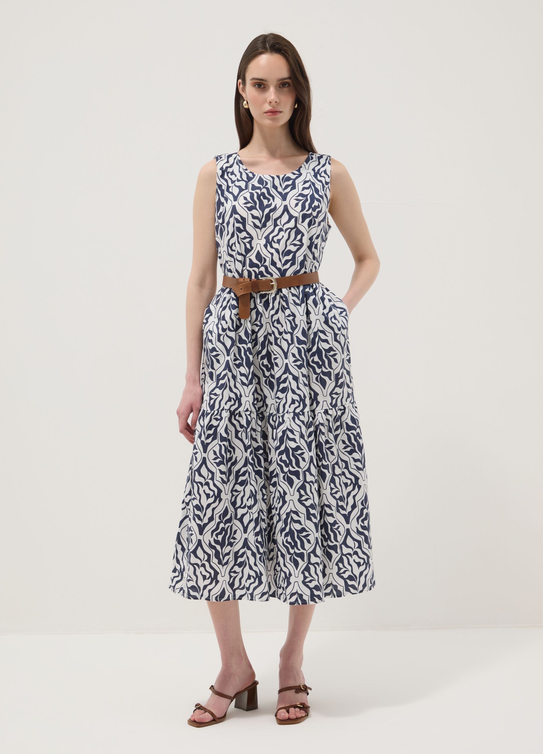 Blue stretch cotton midi dress with all-over print, regular fit