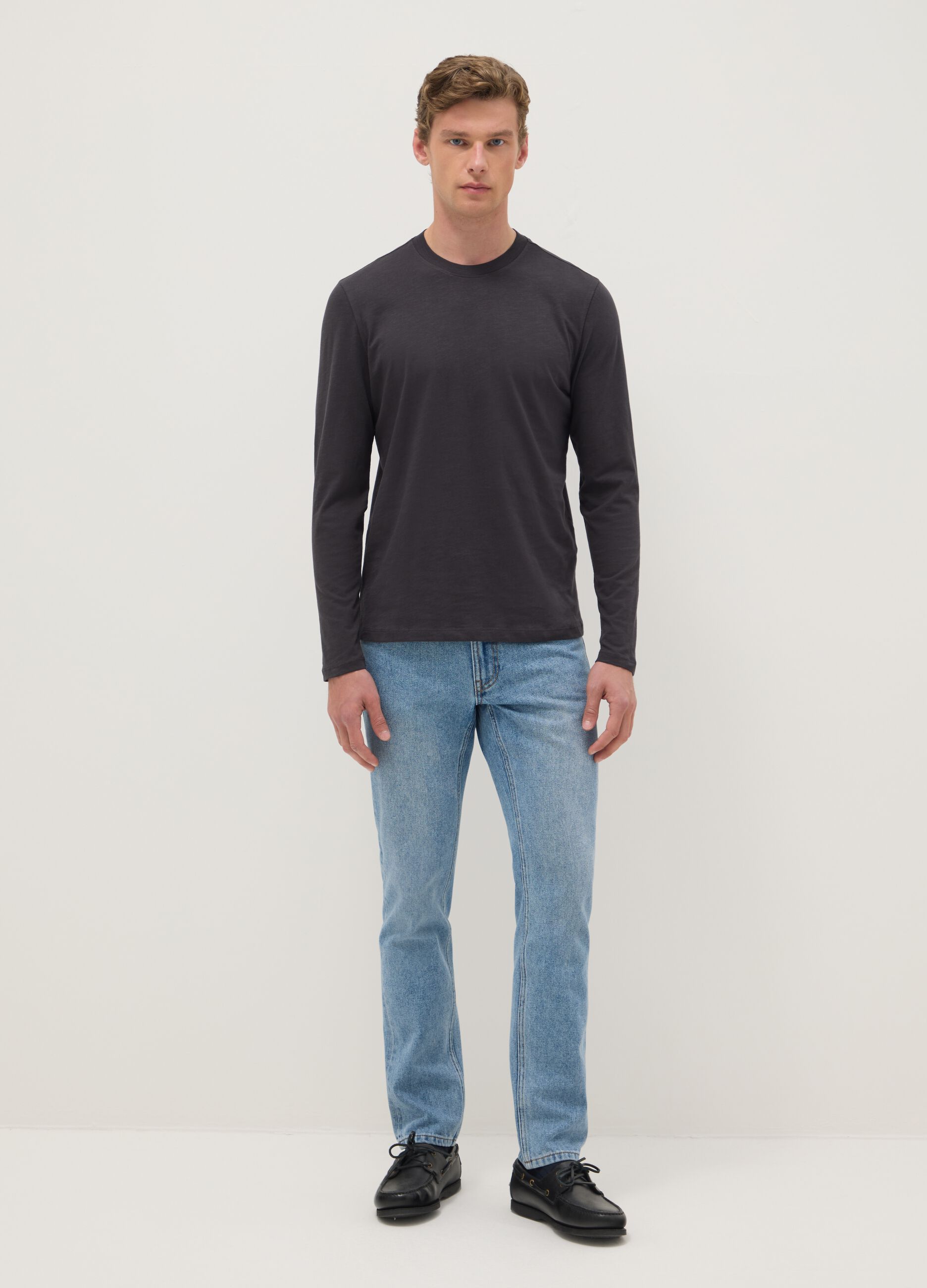 Grey long-sleeve pure cotton regular fit T-shirt