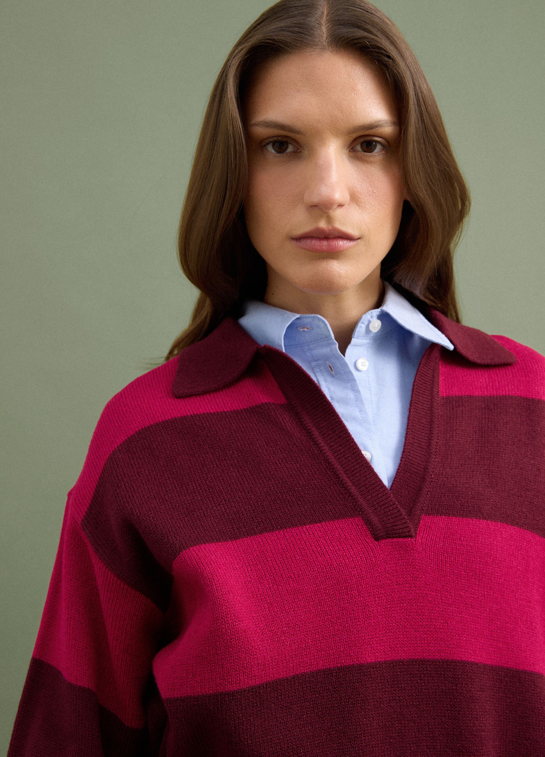 Red striped wool-blend polo collar jumper