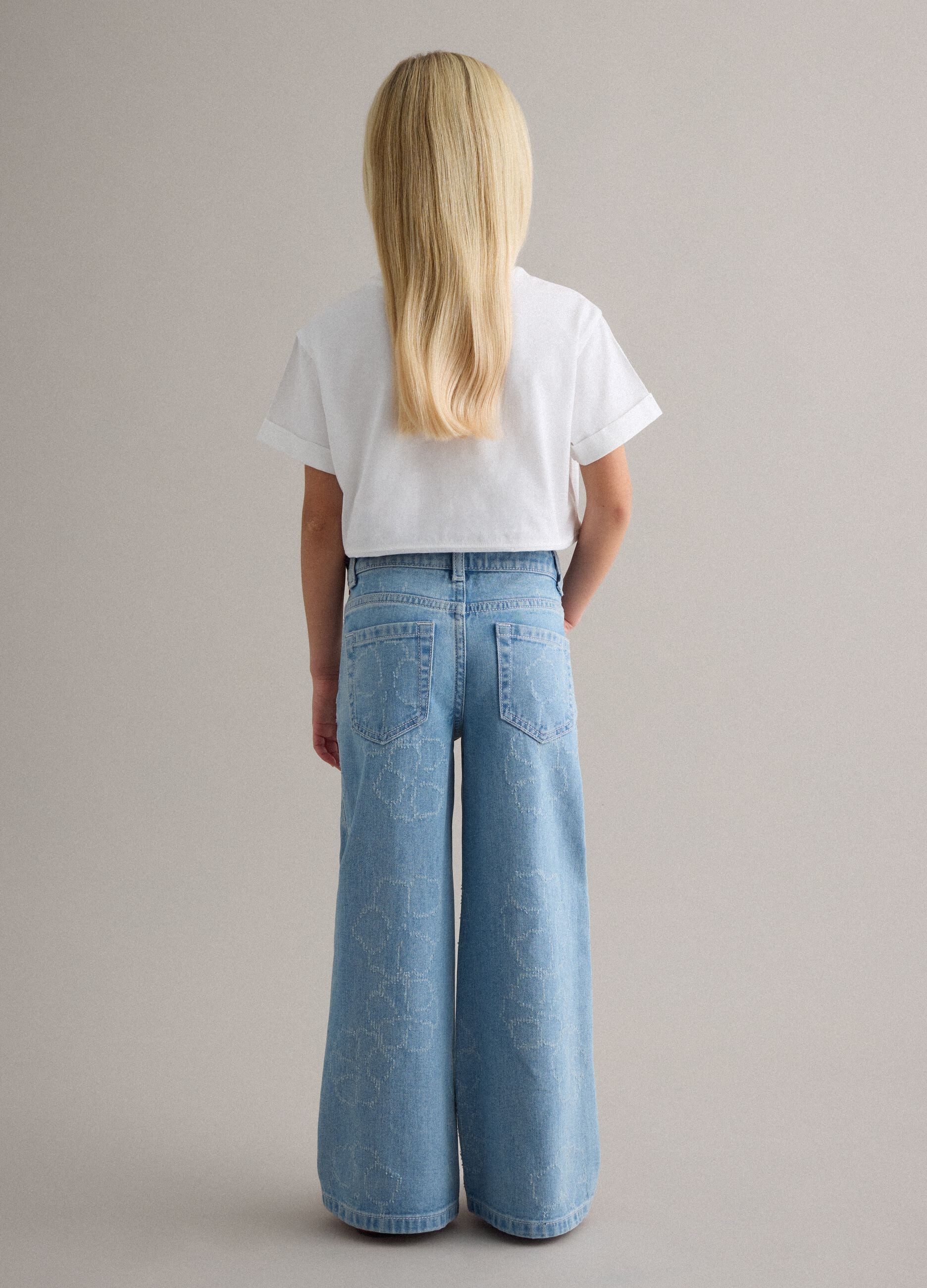Girls' wide-leg light blue pure cotton jeans with floral print