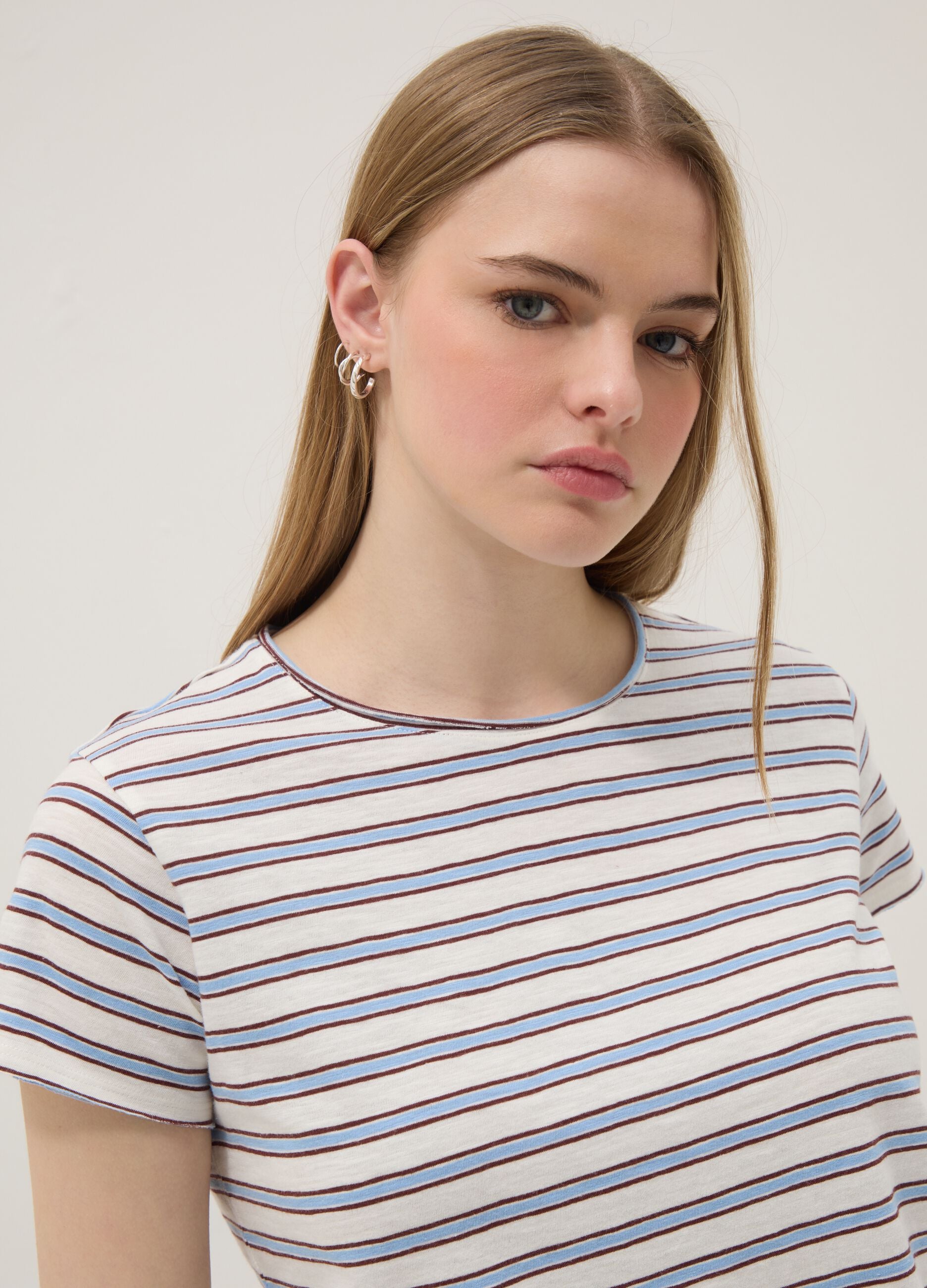 Regular-fit multicolour striped pure cotton short-sleeve T-shirt