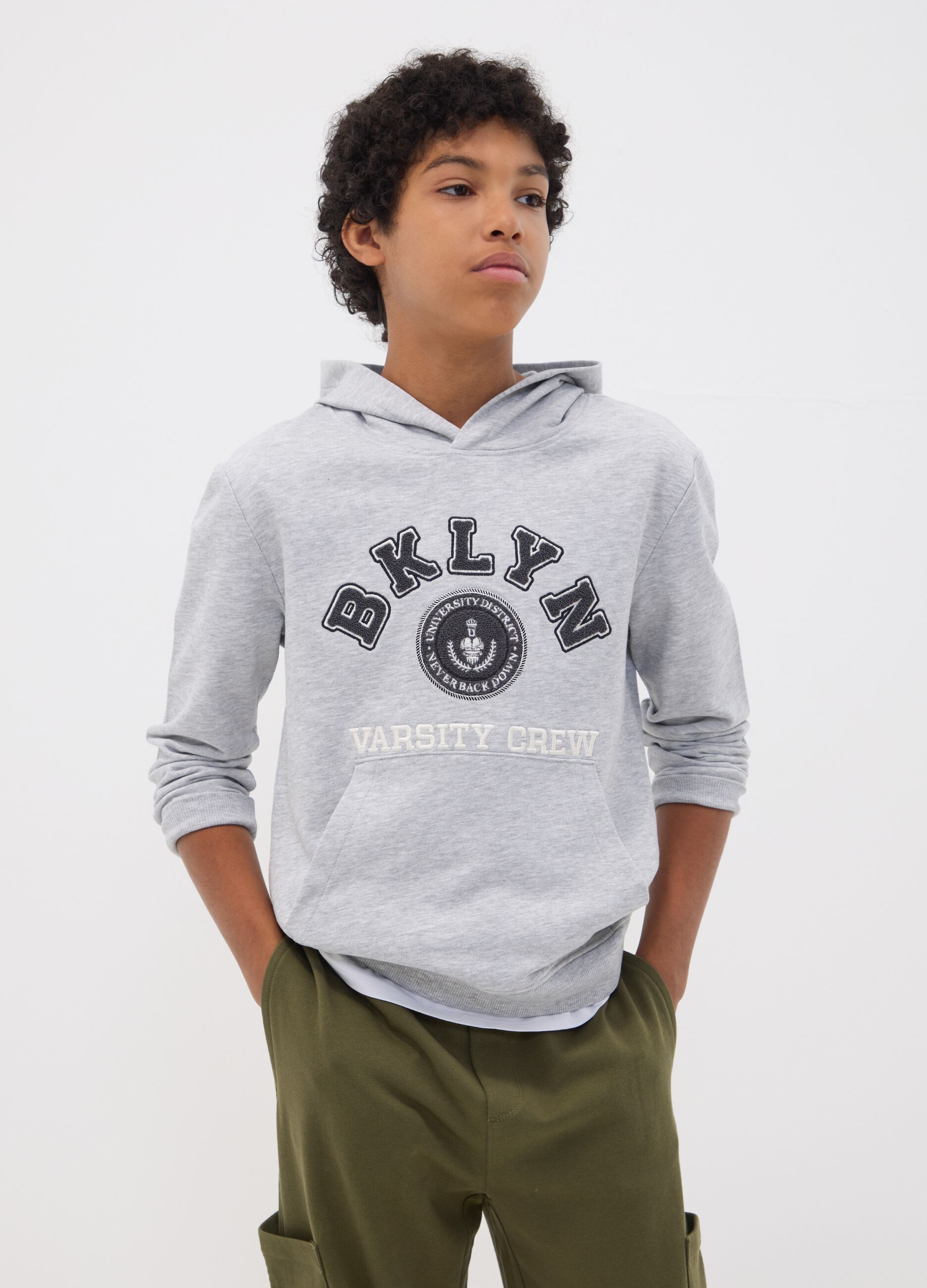 Grey cotton-viscose blend hoodie, relaxed fit, for boys
