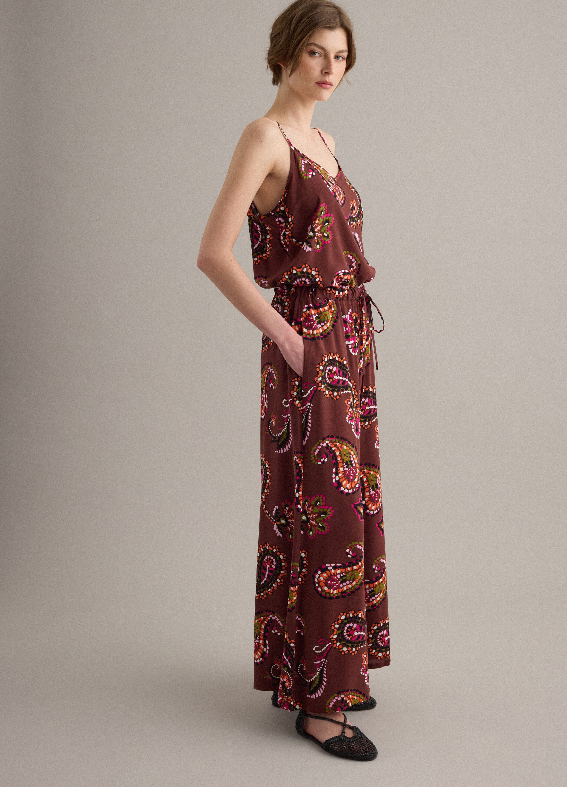 Brown pure-viscose paisley-print tank top
