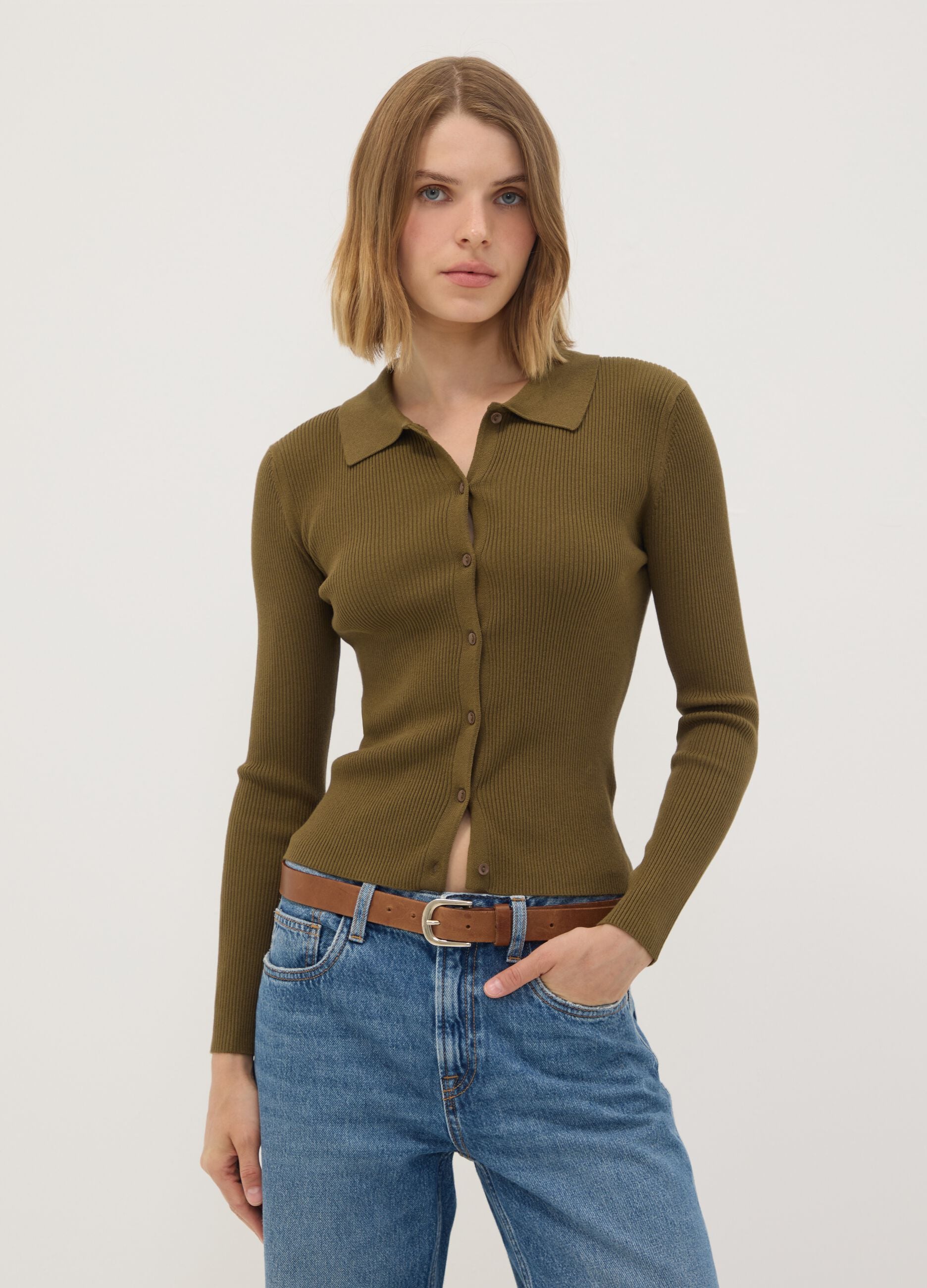 Green fitted ribbed viscose-blend cardigan with polo collar
