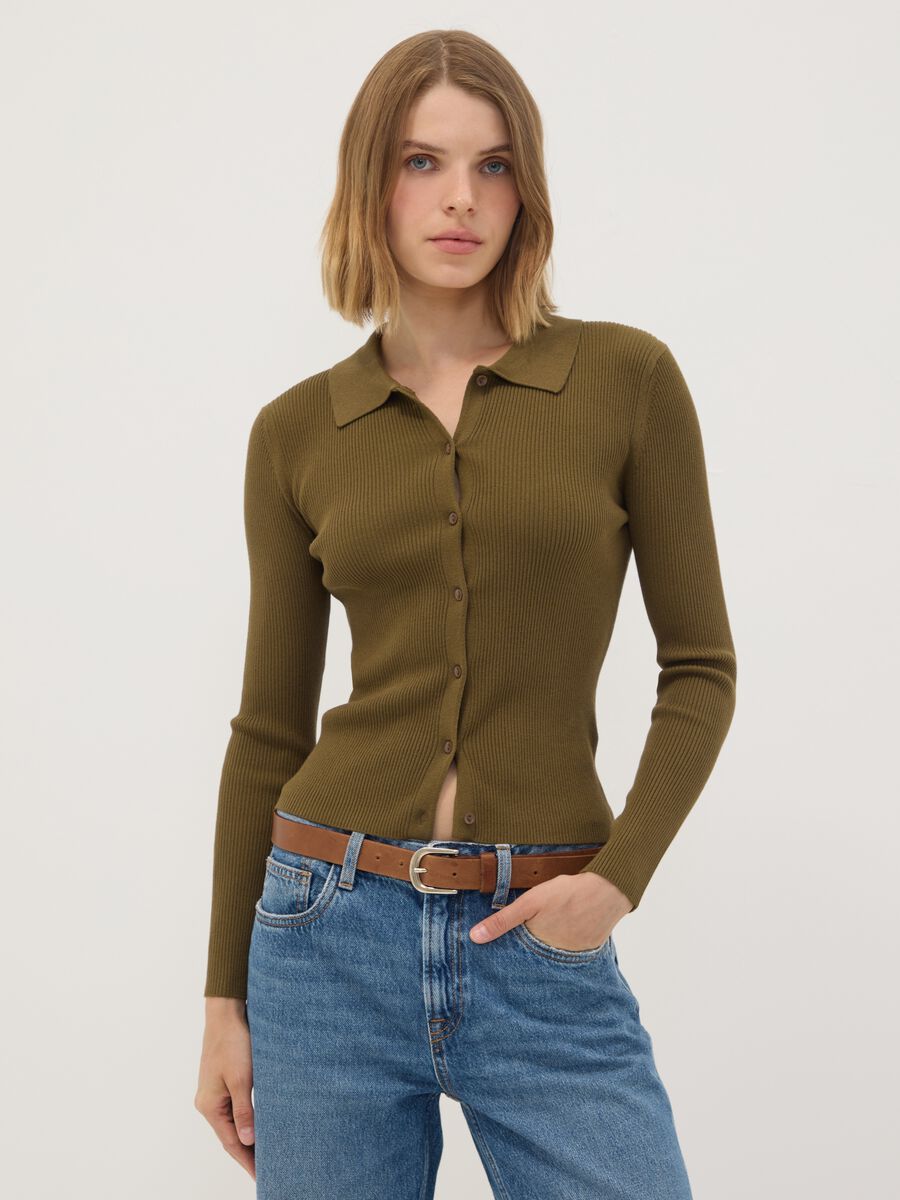Green fitted ribbed viscose-blend cardigan with polo collar_0
