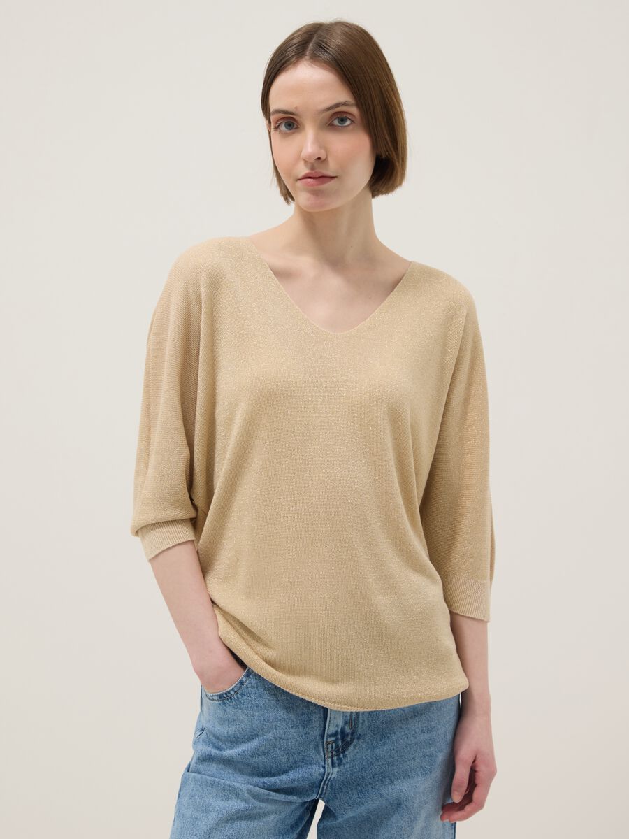 Maglia in misto modal beige regular fit con design scintillante_0