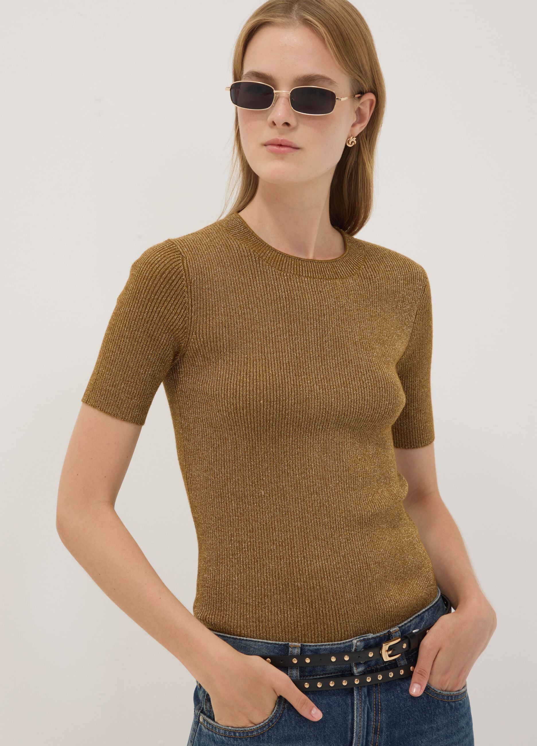 Brown fitted rib-knit viscose blend top