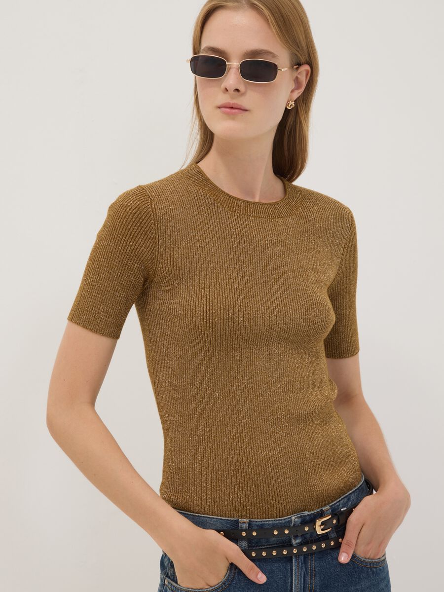 Brown fitted rib-knit viscose blend top_0