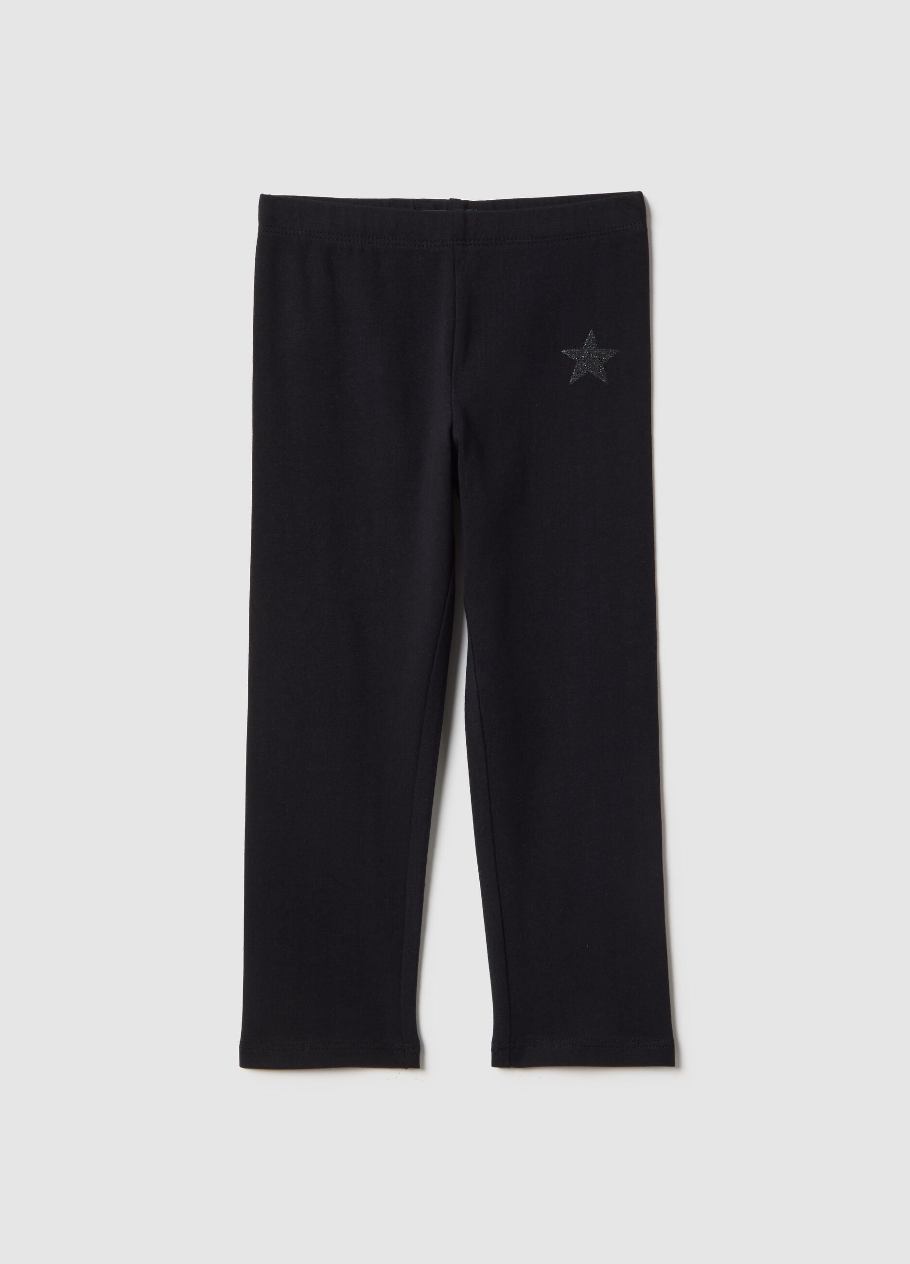 Girls' black stretchy cotton leggings slim fit with star