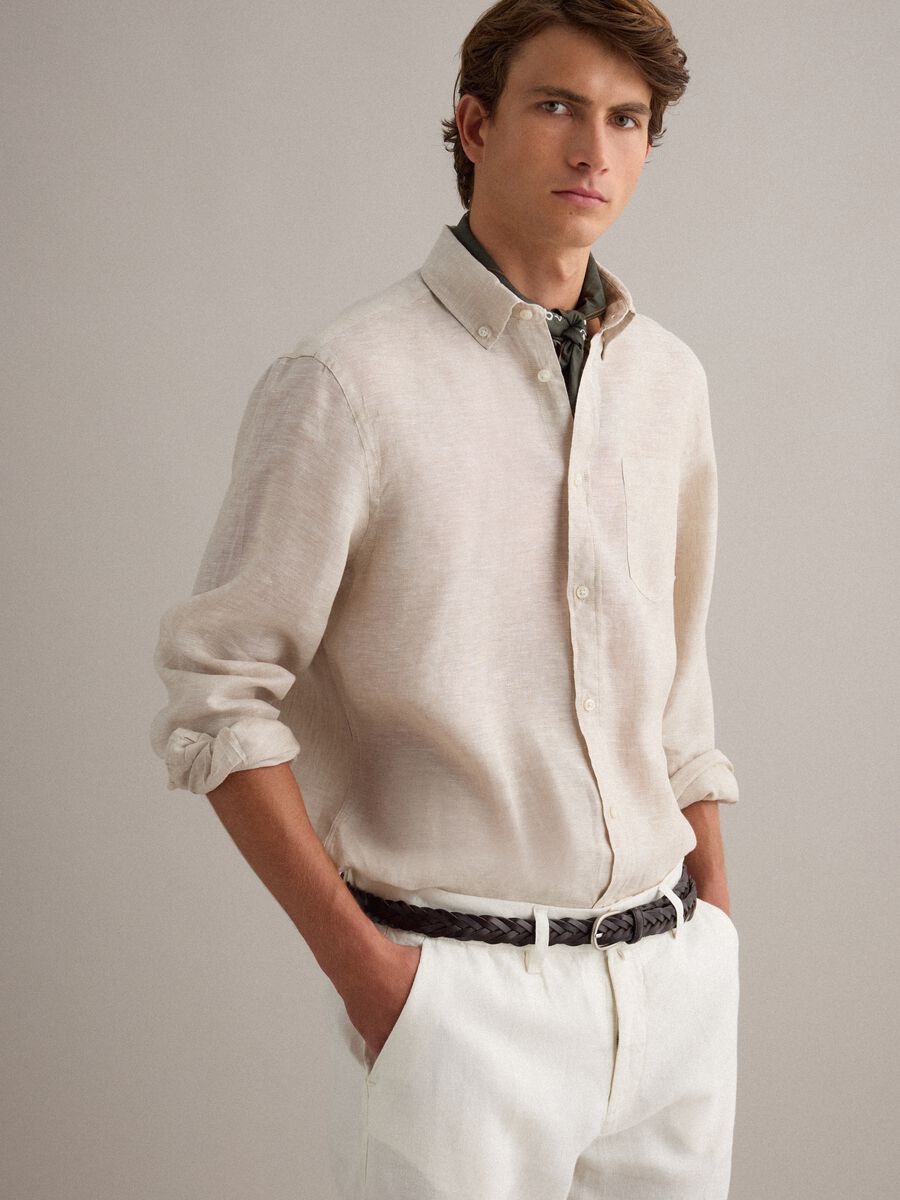Beige pure linen shirt with button-down collar, regular fit_1