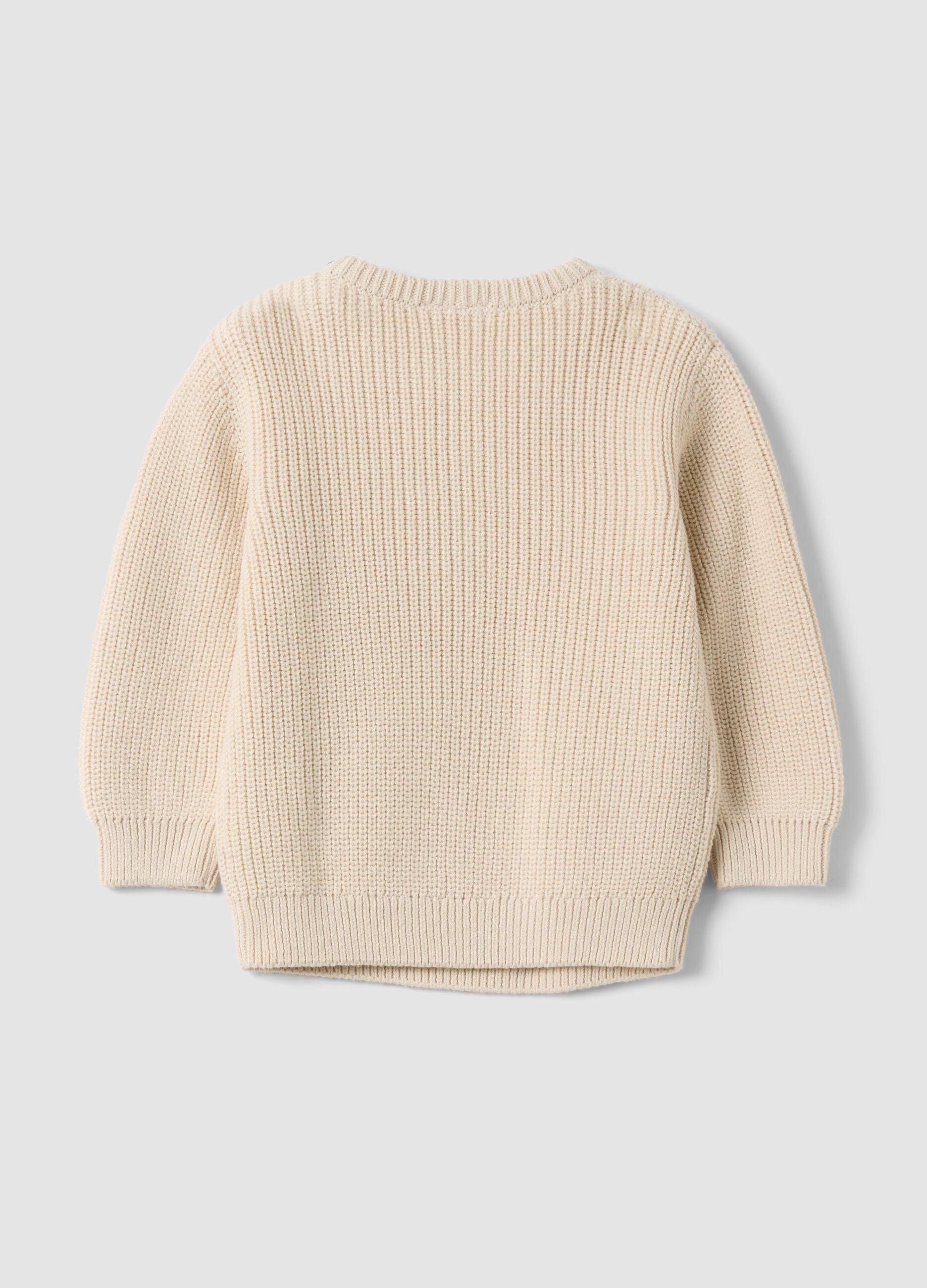 Beige pure cotton knit jumper with crew neck