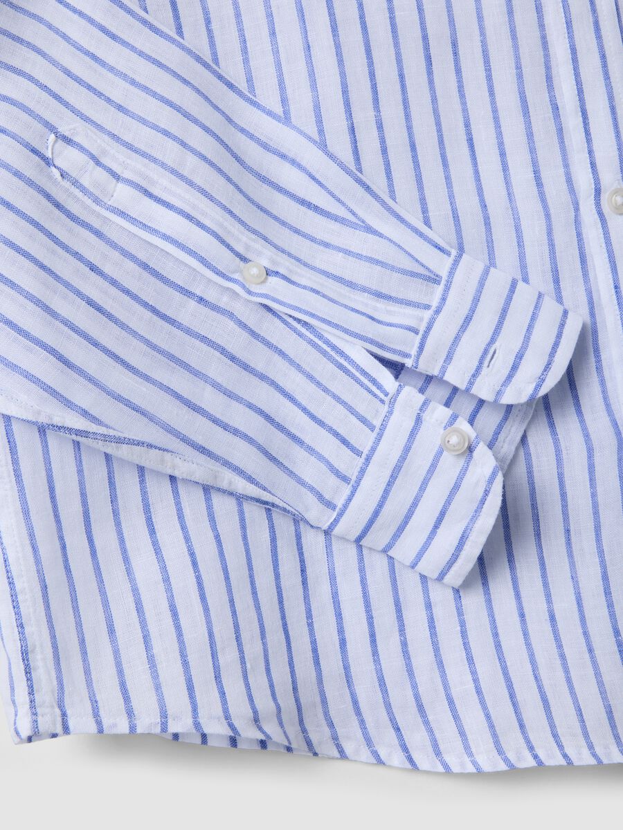 Light blue pure linen striped shirt with mandarin collar, regular fit_5