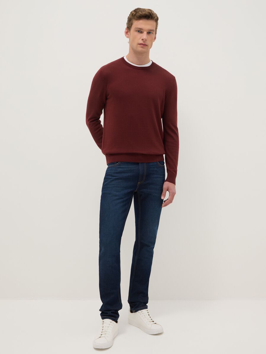 Brown crew-neck pullover in regular fit cotton blend_1