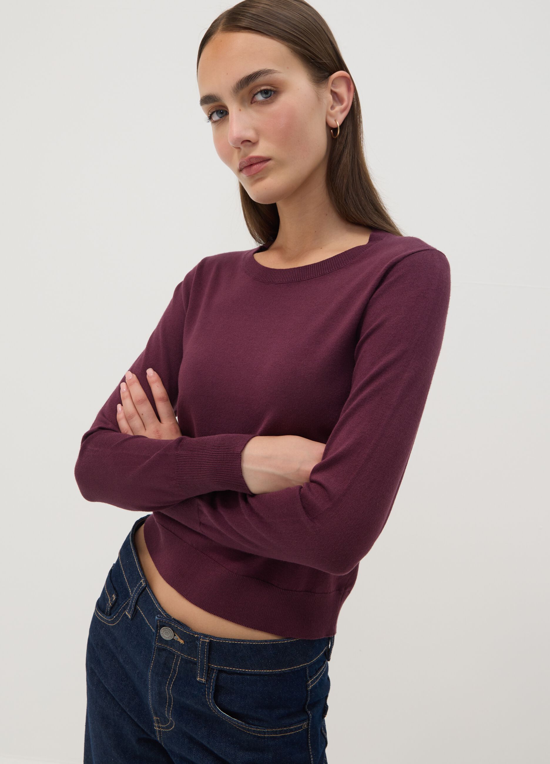 Purple viscose-blend crew-neck top