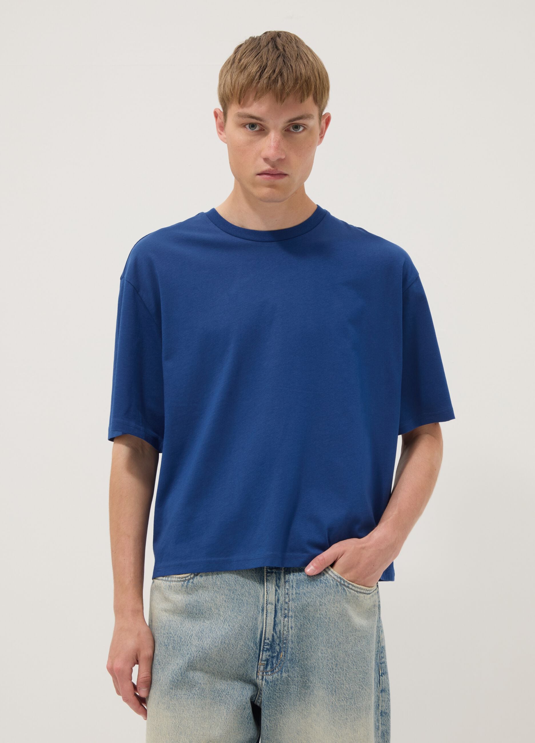Blue pure cotton short-sleeve T-shirt