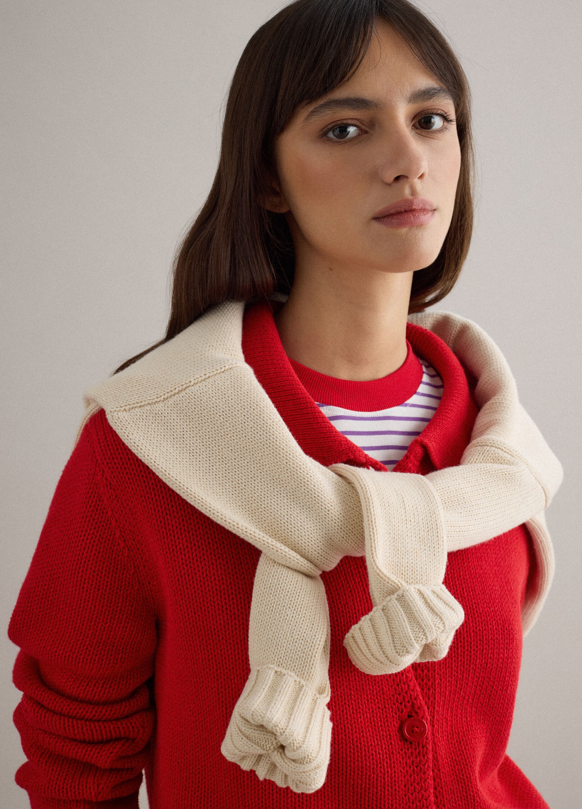 Regular Fit Red Cotton Cardigan with Polo Collar