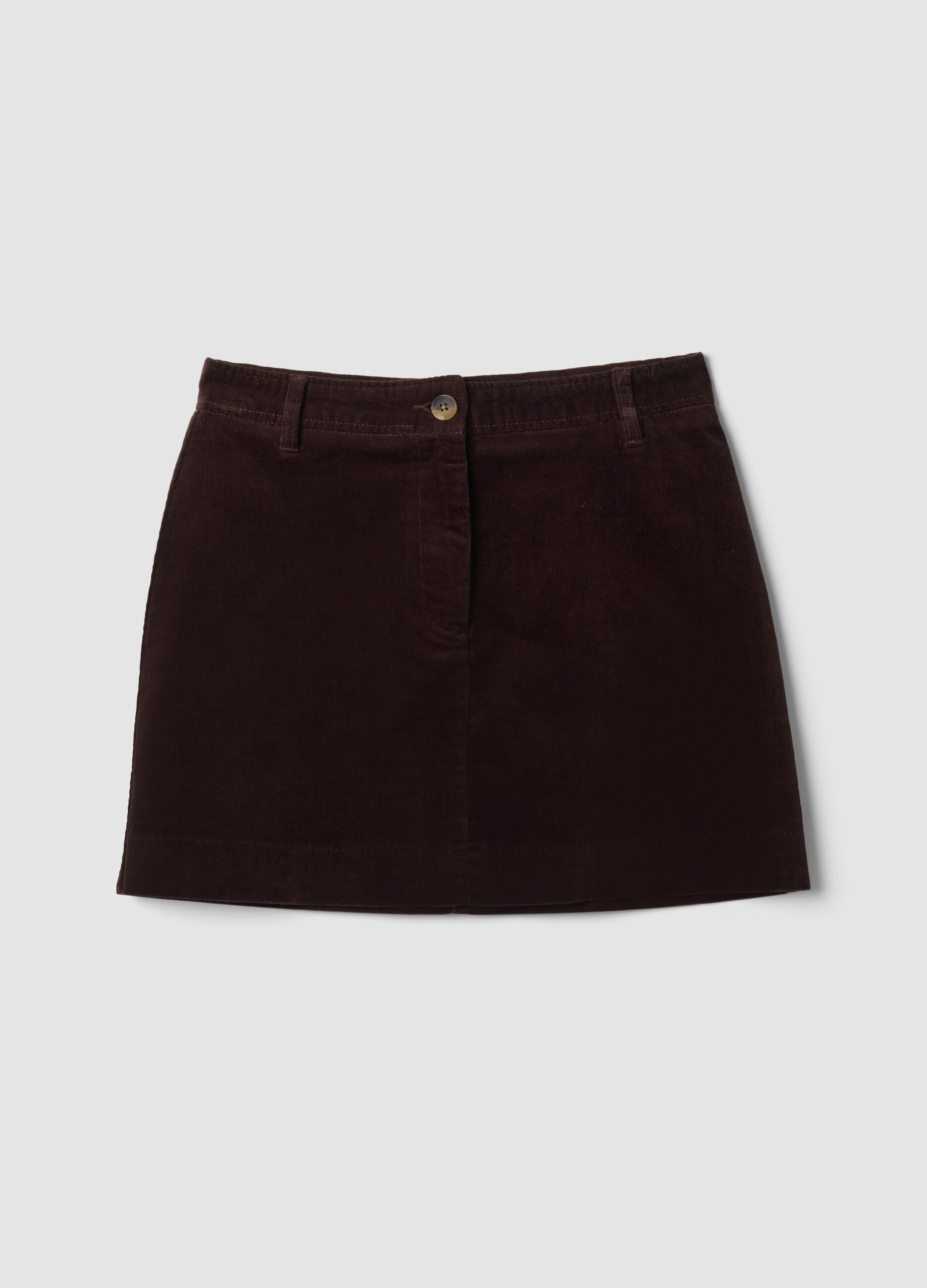 Short brown ribbed stretch cotton skirt