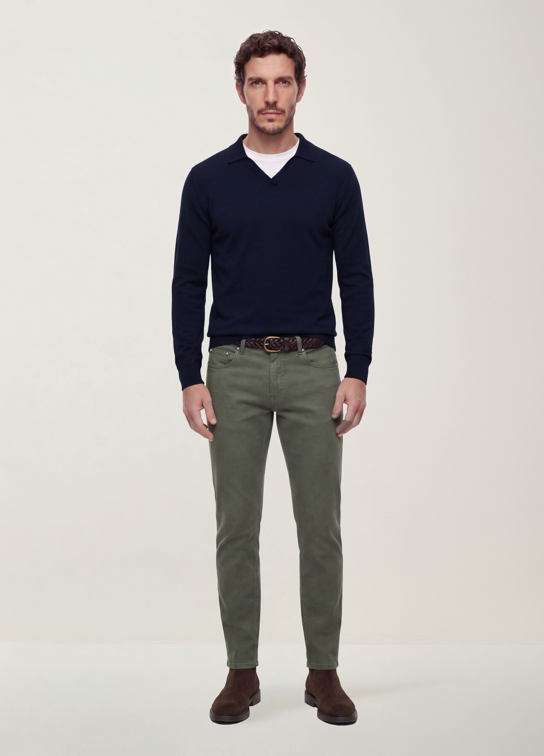 Blue viscose-blend polo with V-neck and collar, regular fit