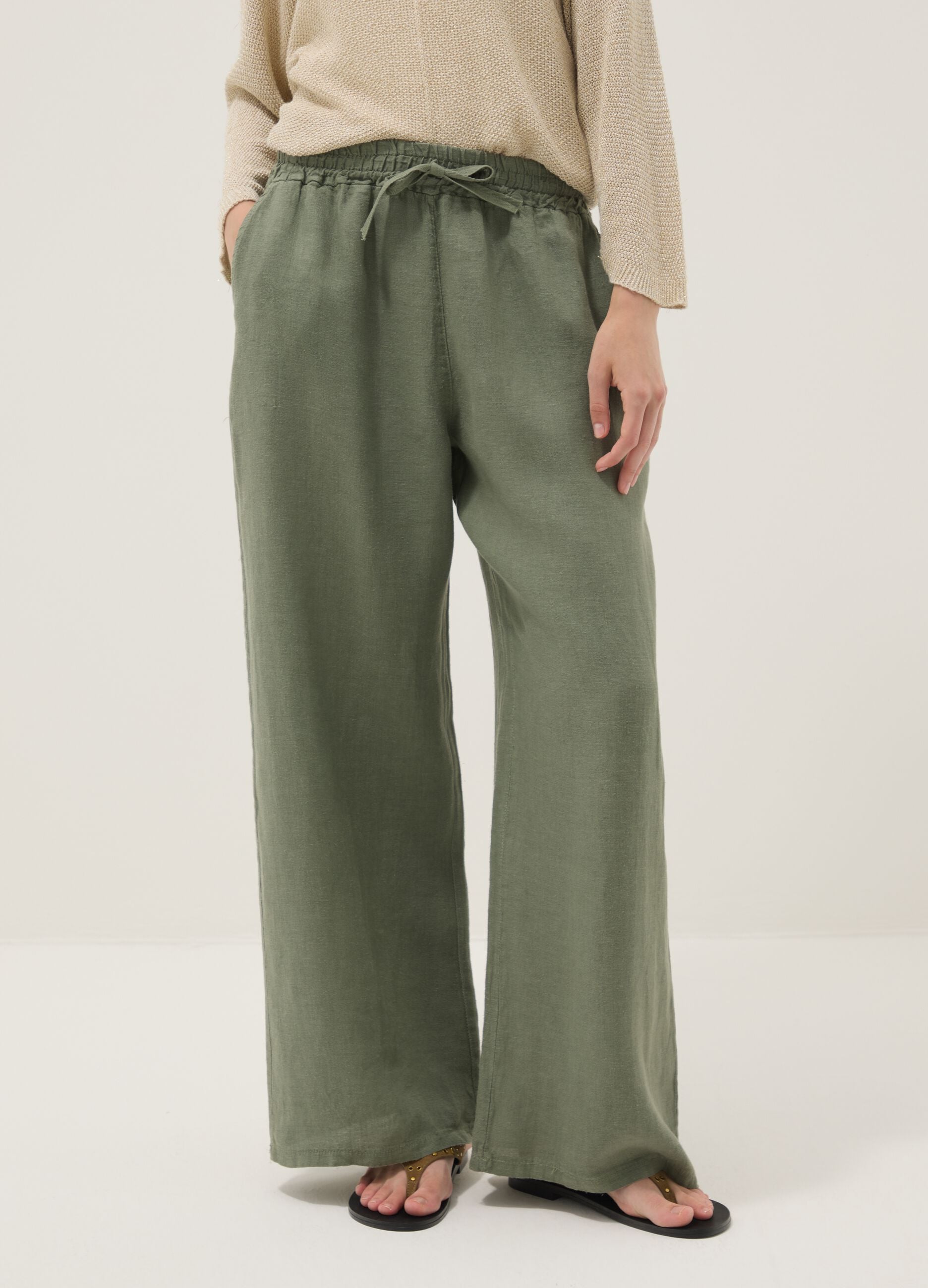 Green pure linen trousers with drawstring