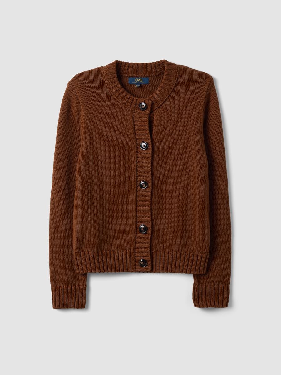 Brown pure cotton crew-neck cardigan with buttons, regular fit_4