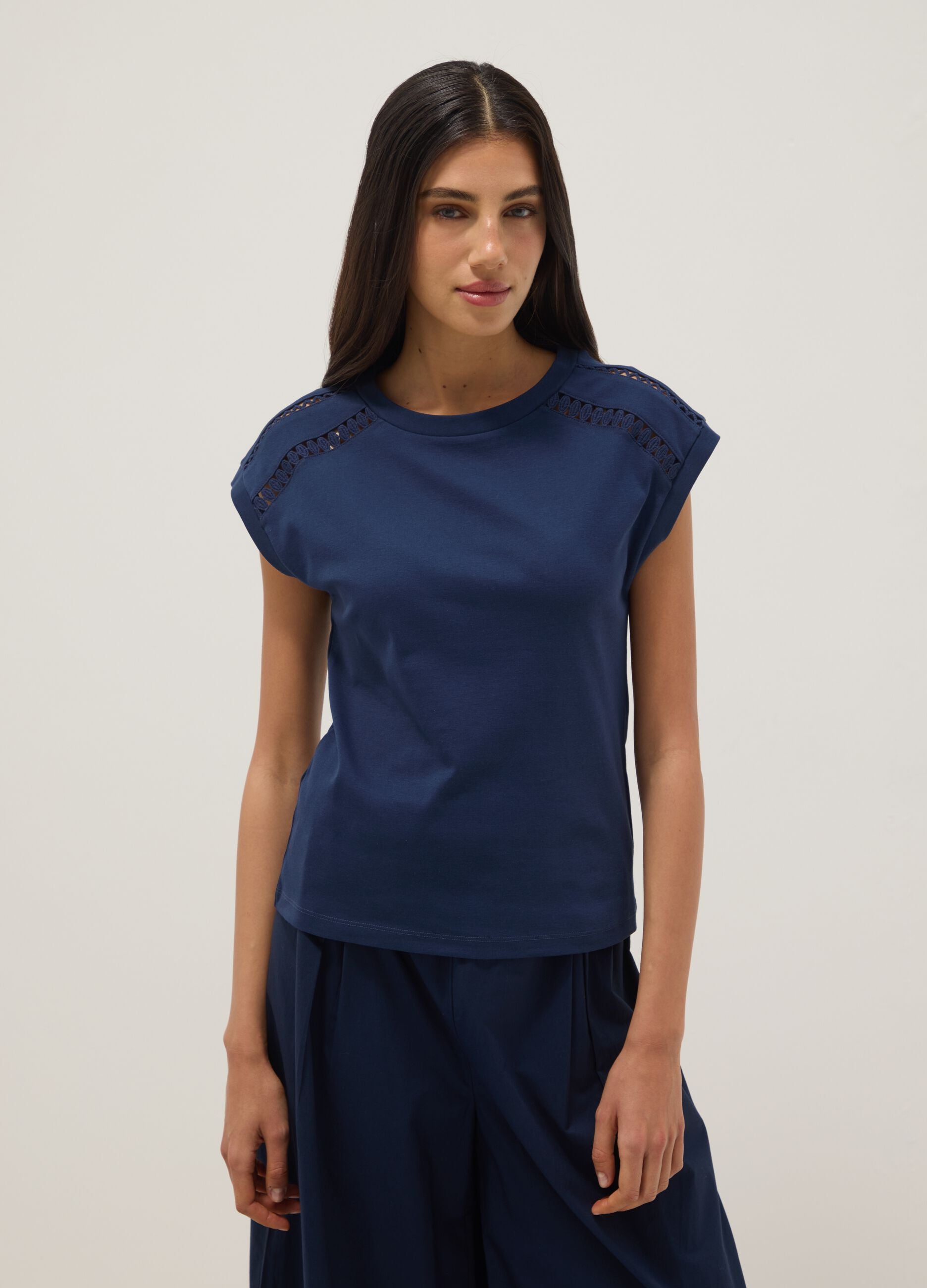 Blue pure cotton T-shirt with perforated inserts