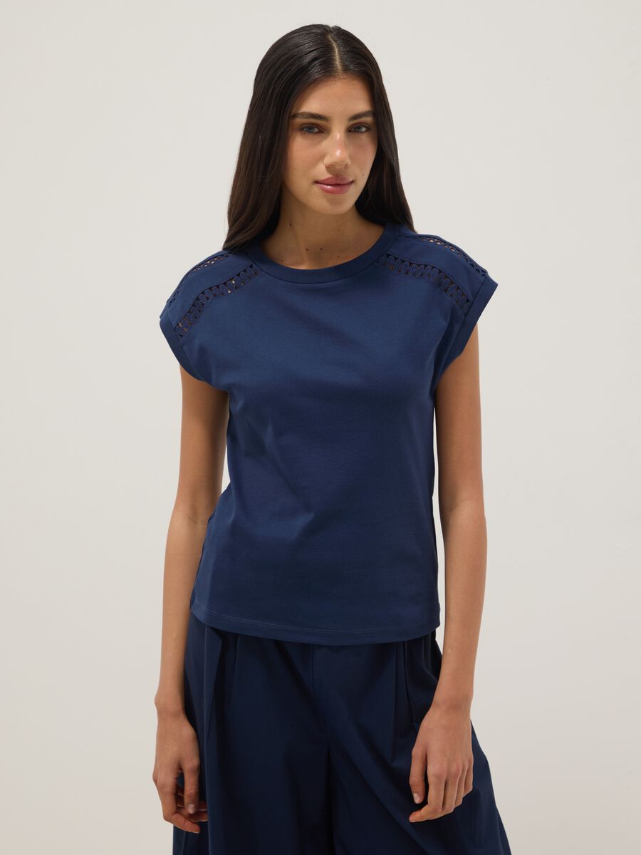 Blue pure cotton T-shirt with perforated inserts_1
