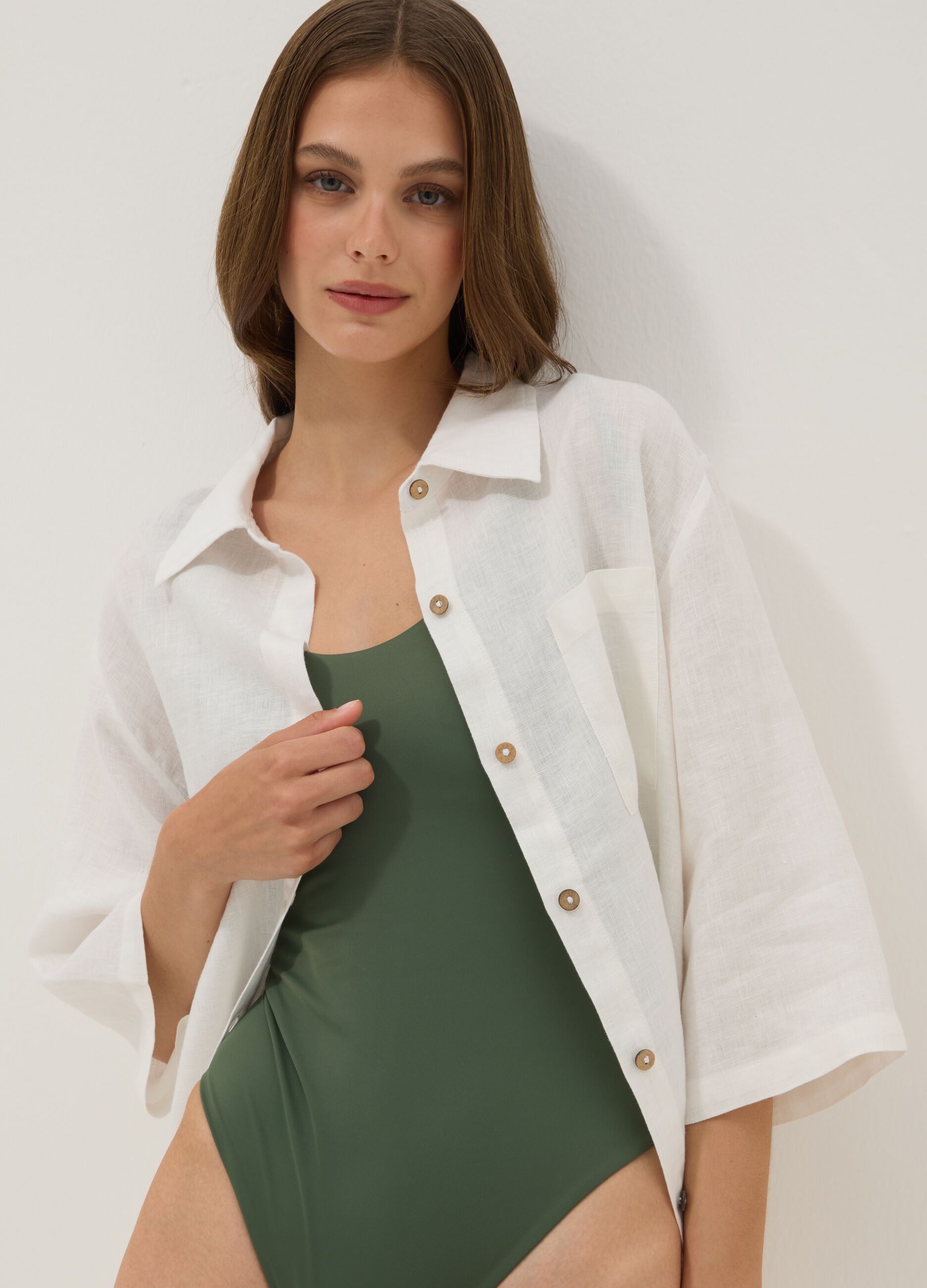 Long white pure linen beach cover-up
