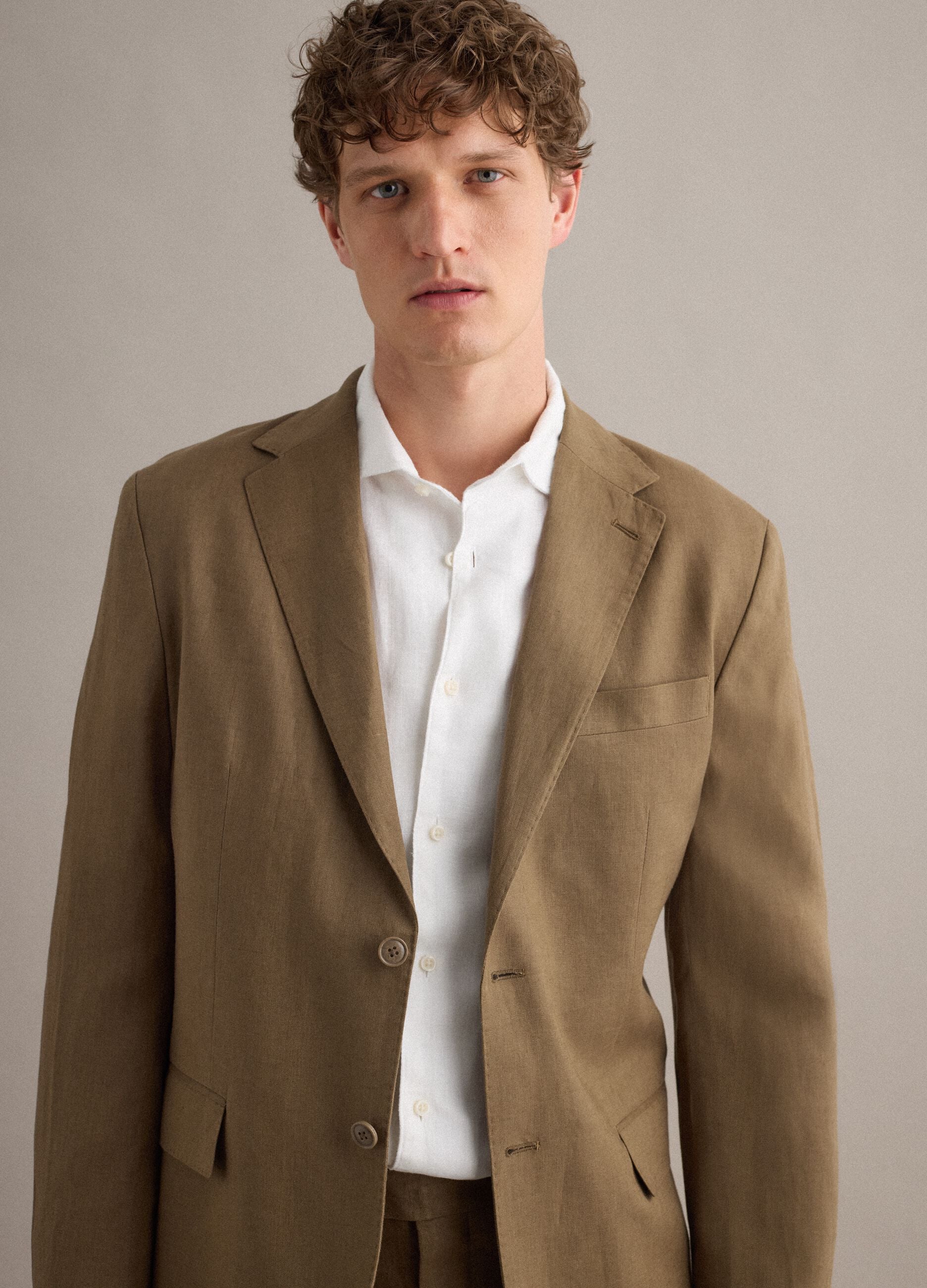 Regular Fit Brown Pure Linen Blazer