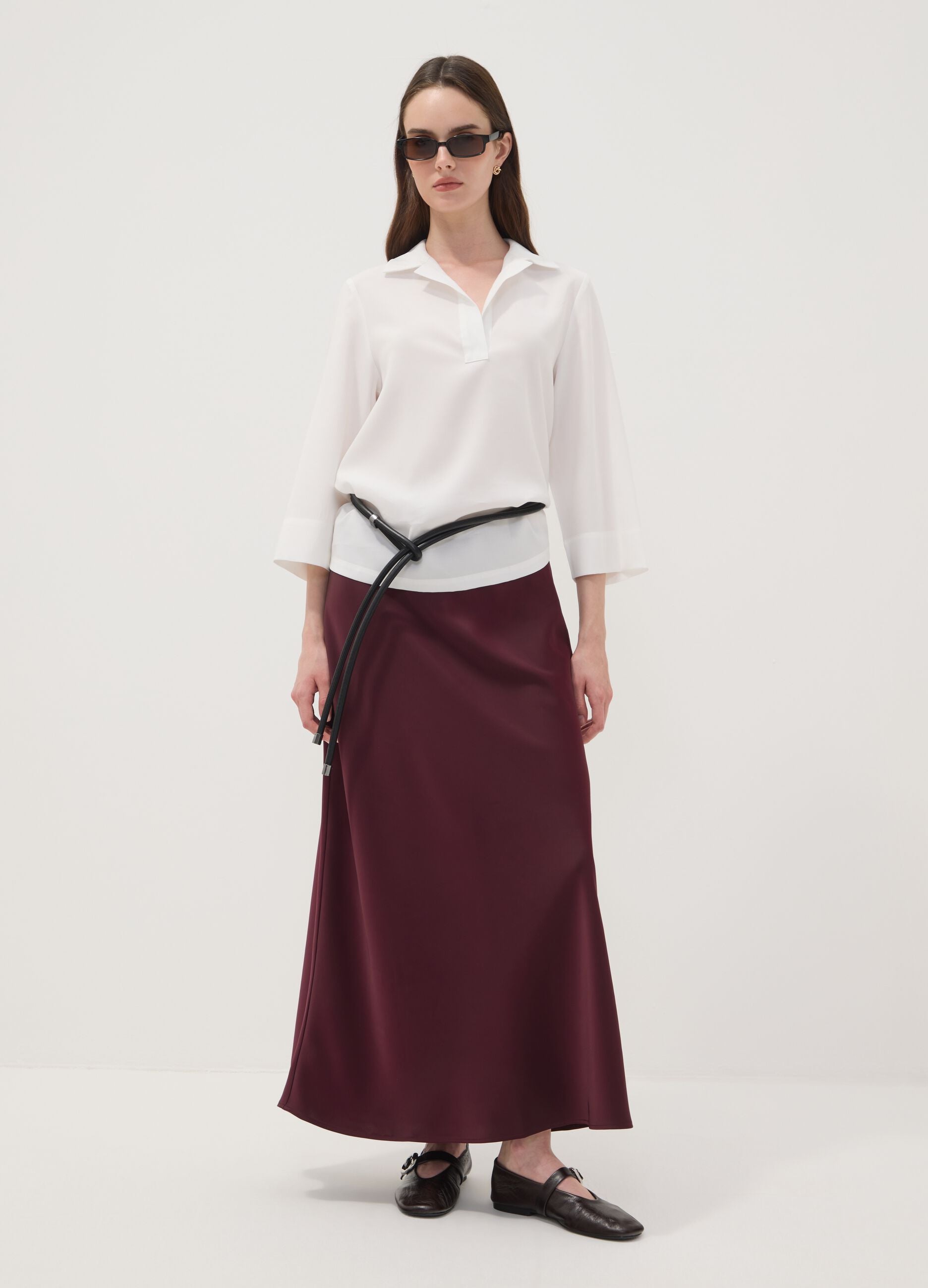 Red satin maxi skirt with elasticated waist