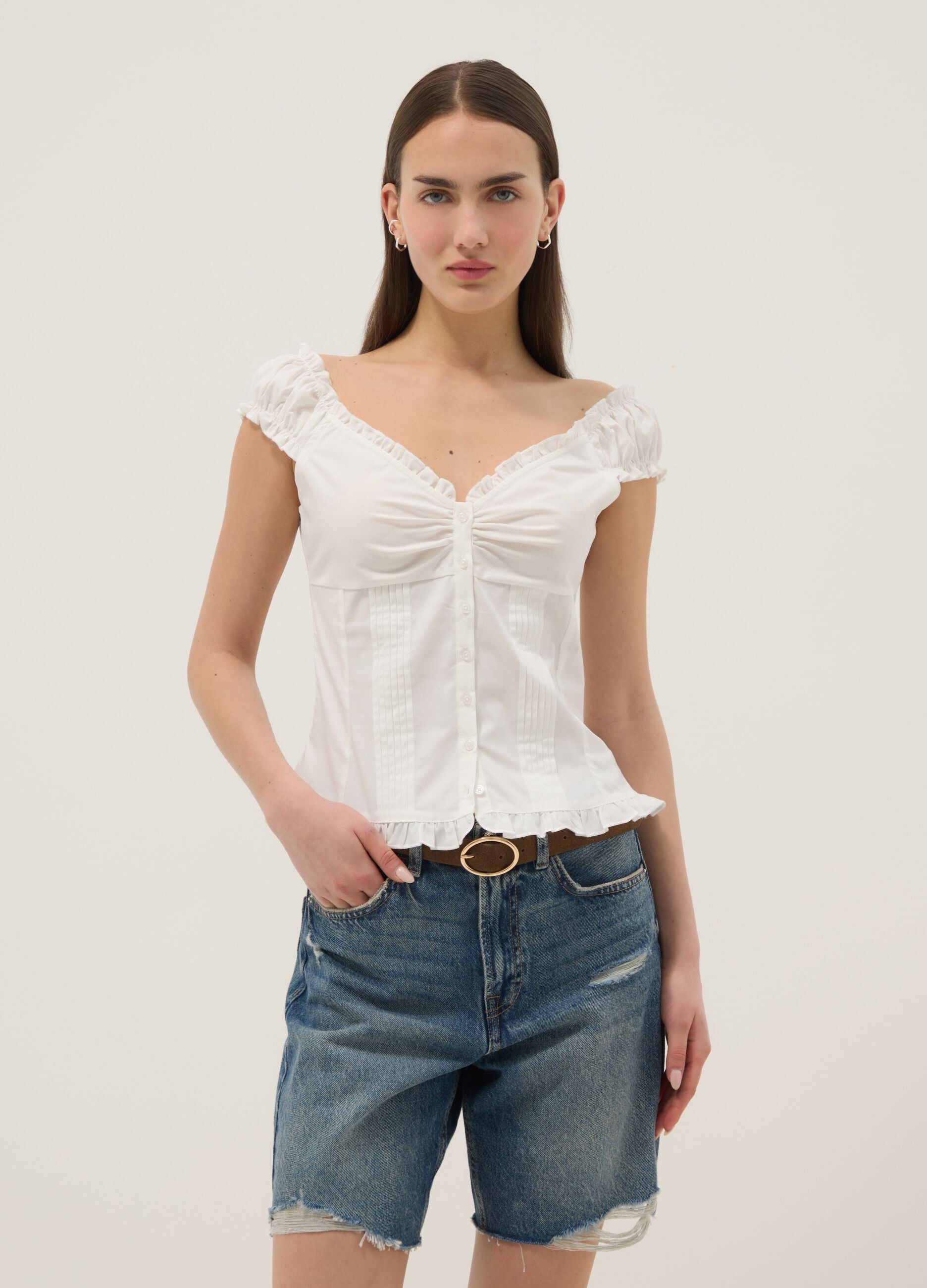 White stretch cotton blouse with buttons and ruffles, regular fit