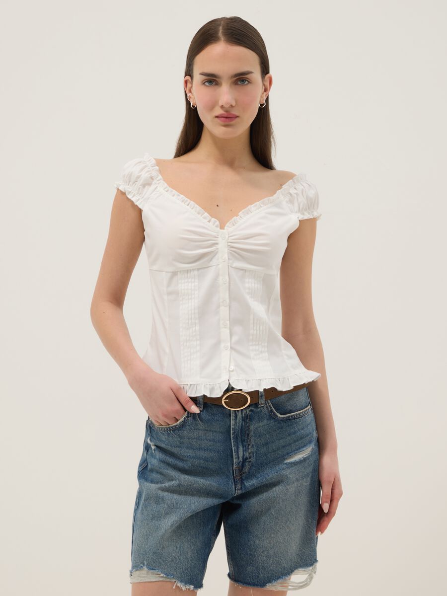 White stretch cotton blouse with buttons and ruffles, regular fit_0
