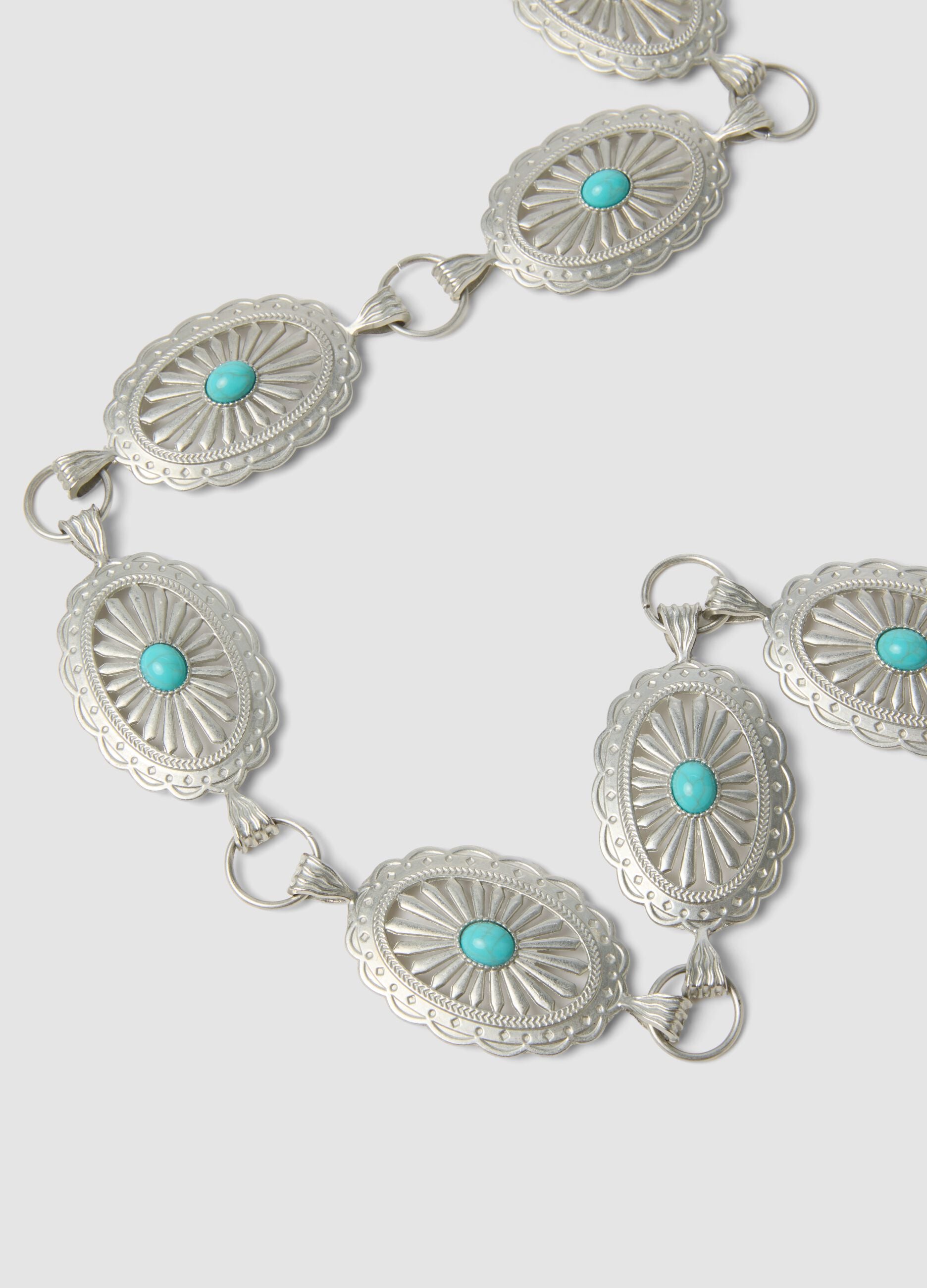 Silver-tone metal belt with turquoise stones