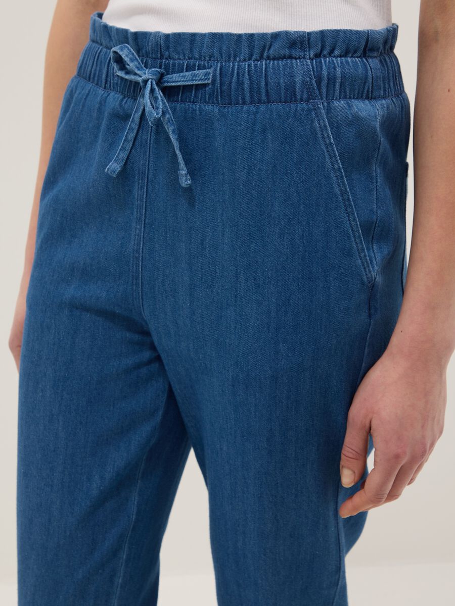 Paper bag trousers in pure blue denim cotton regular fit_3