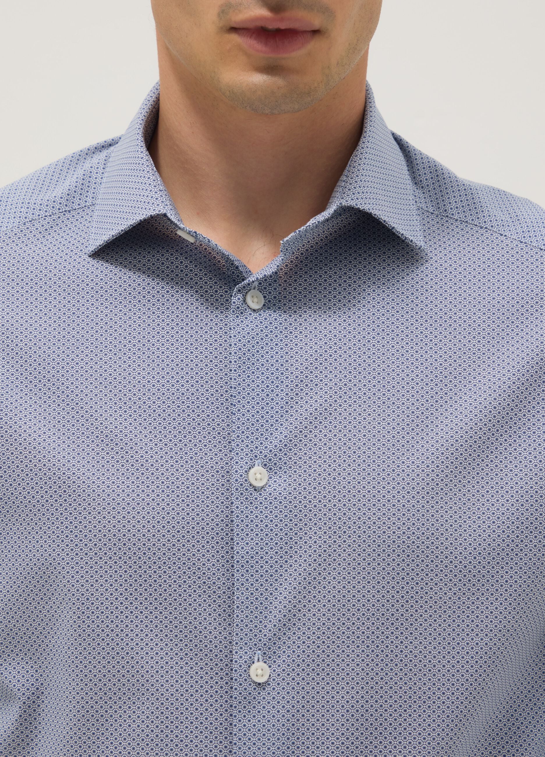 Slim fit blue stretch cotton shirt with micro checks