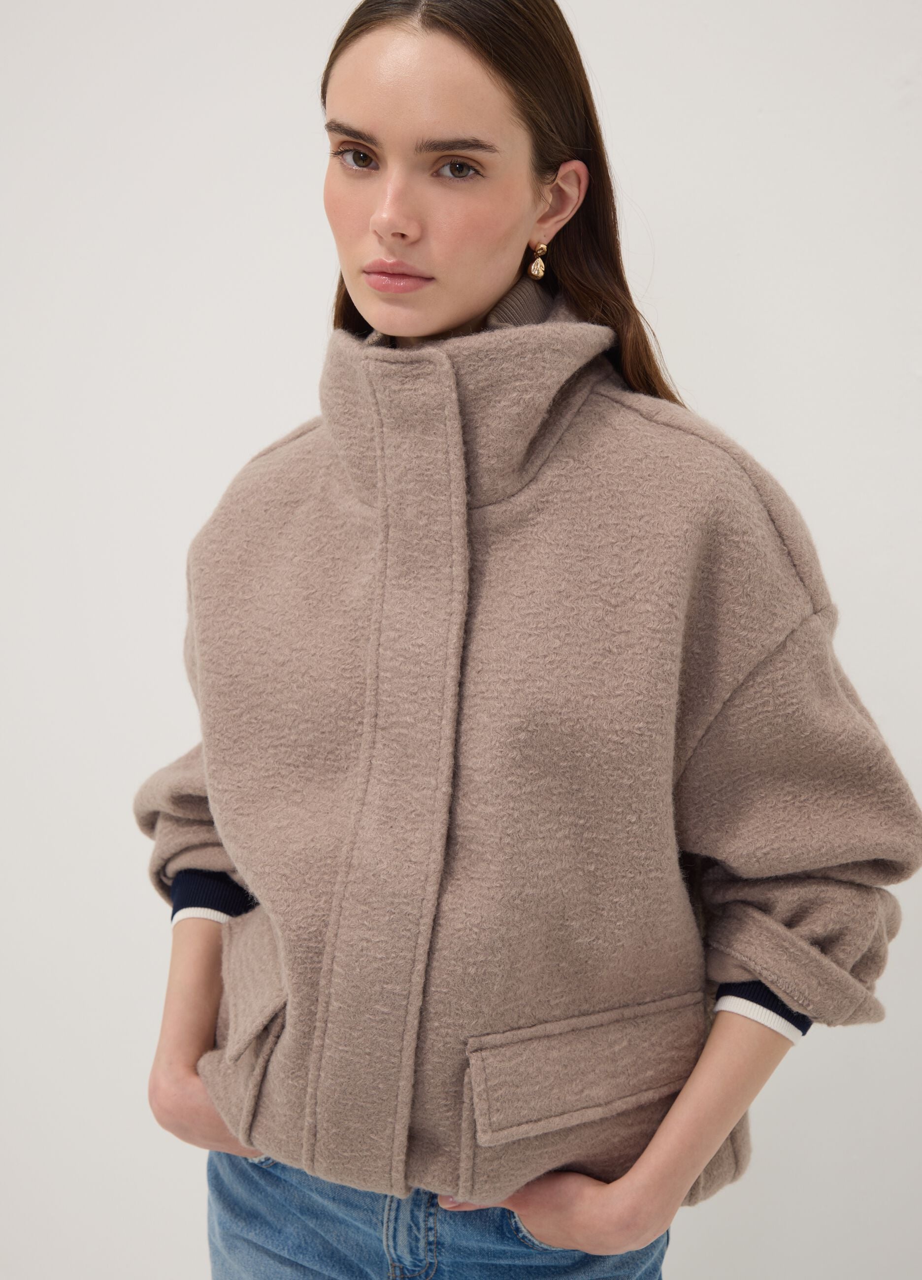 Beige regular-fit jacket with high neck and patch pockets