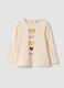Beige organic cotton T-shirt with teddy bear print for baby girl_0