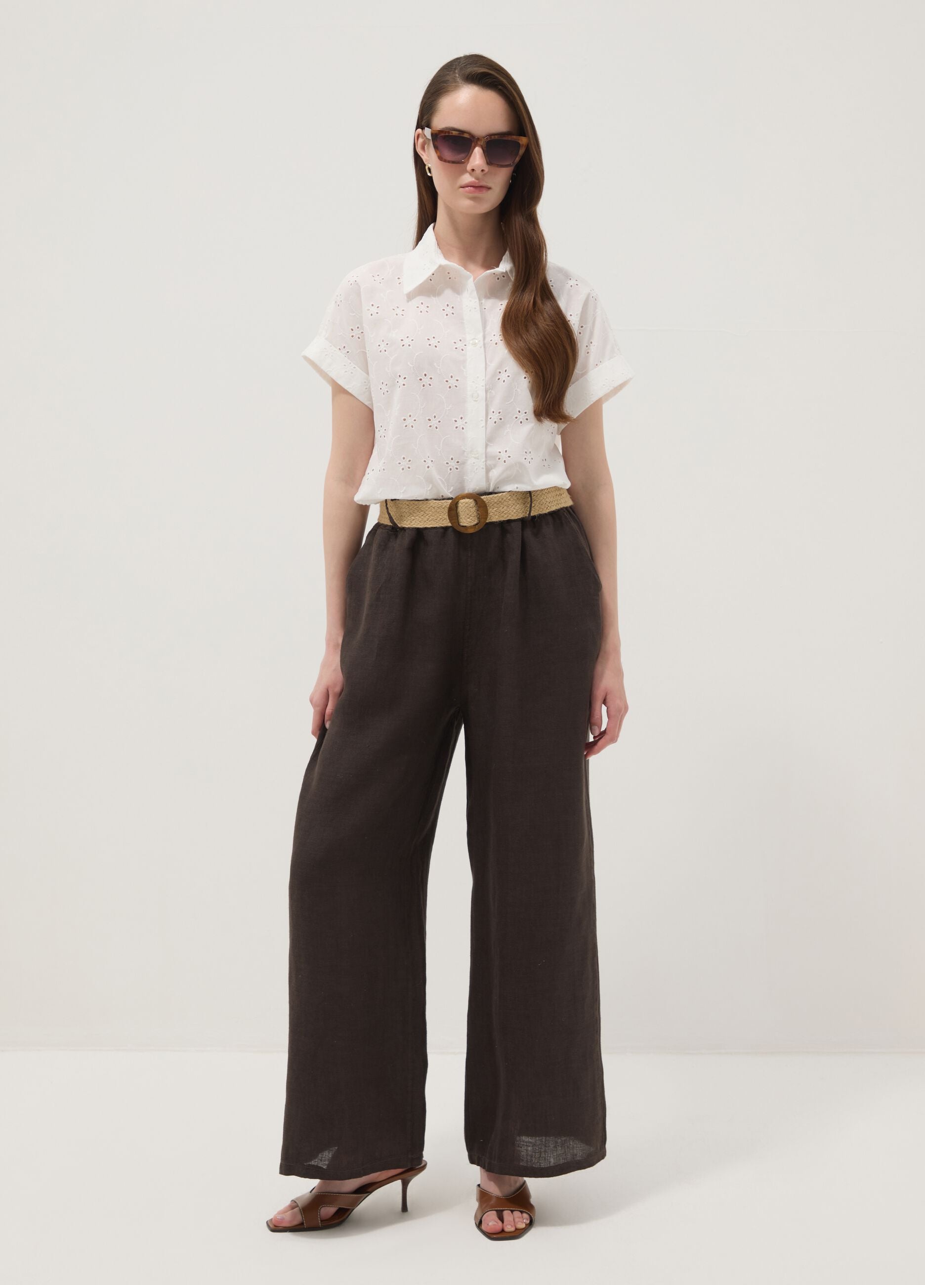 Brown pure linen wide-leg trousers with elasticated waist