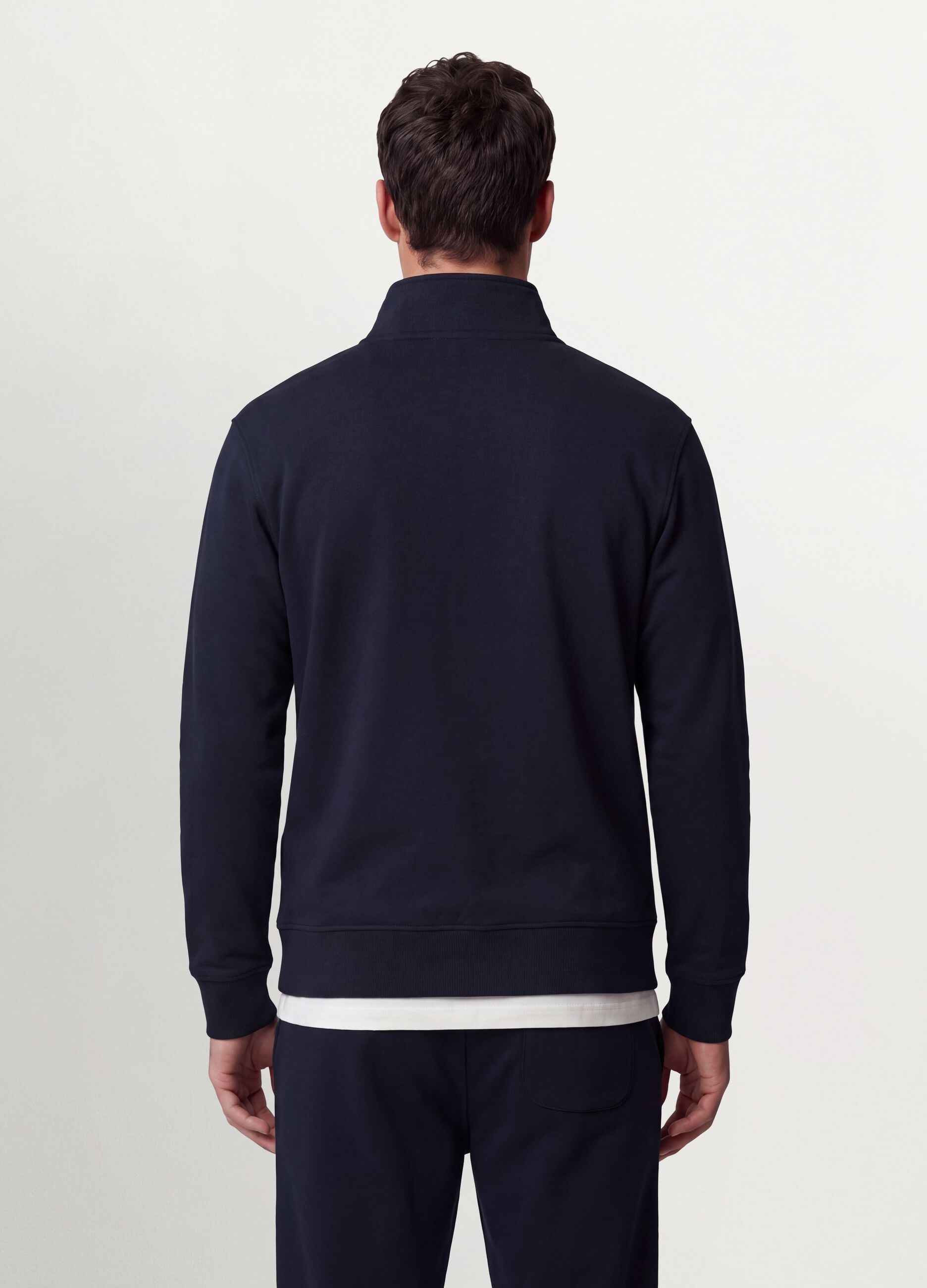 Blue cotton-blend sweatshirt with crew neck and zip, regular fit