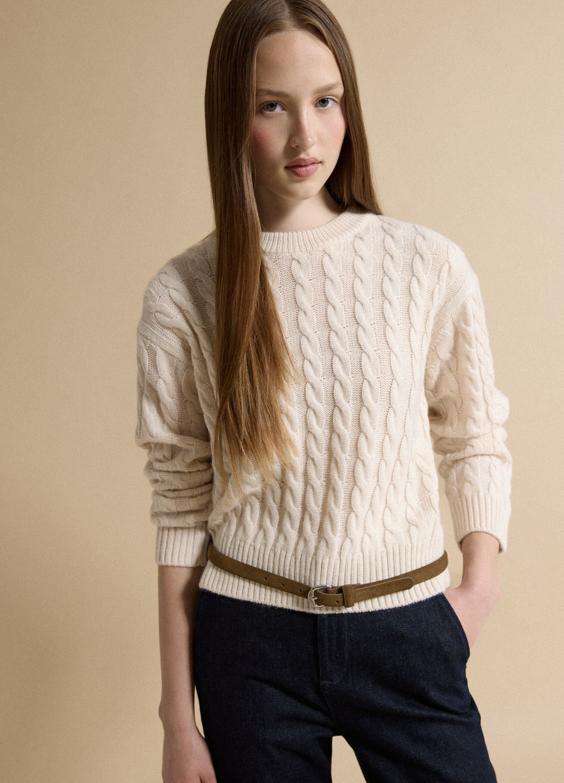 Beige wool-blend cable-knit crew-neck jumper in an oversized fit