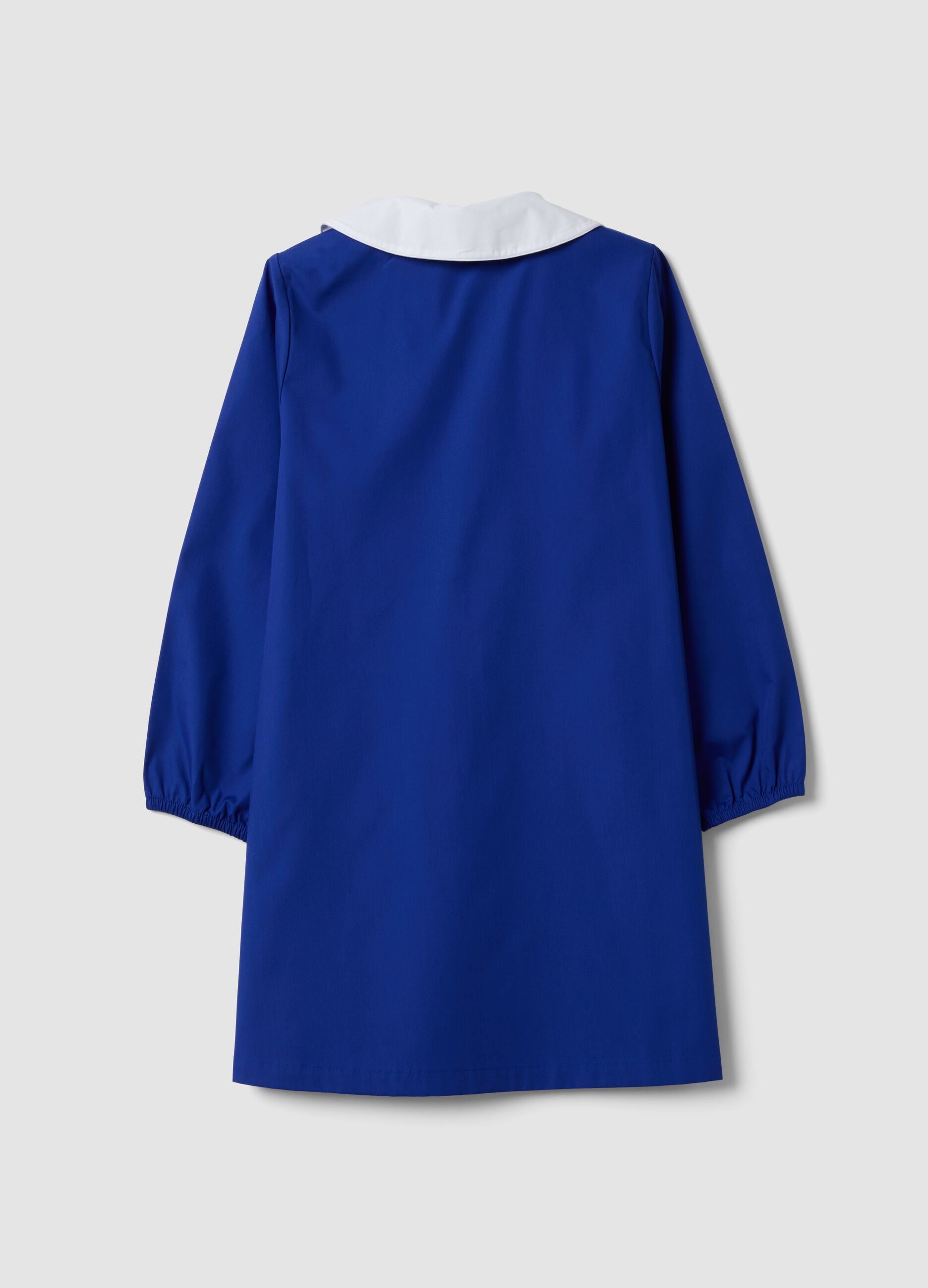 Blue school apron with zip, white collar and Stitch embroidery