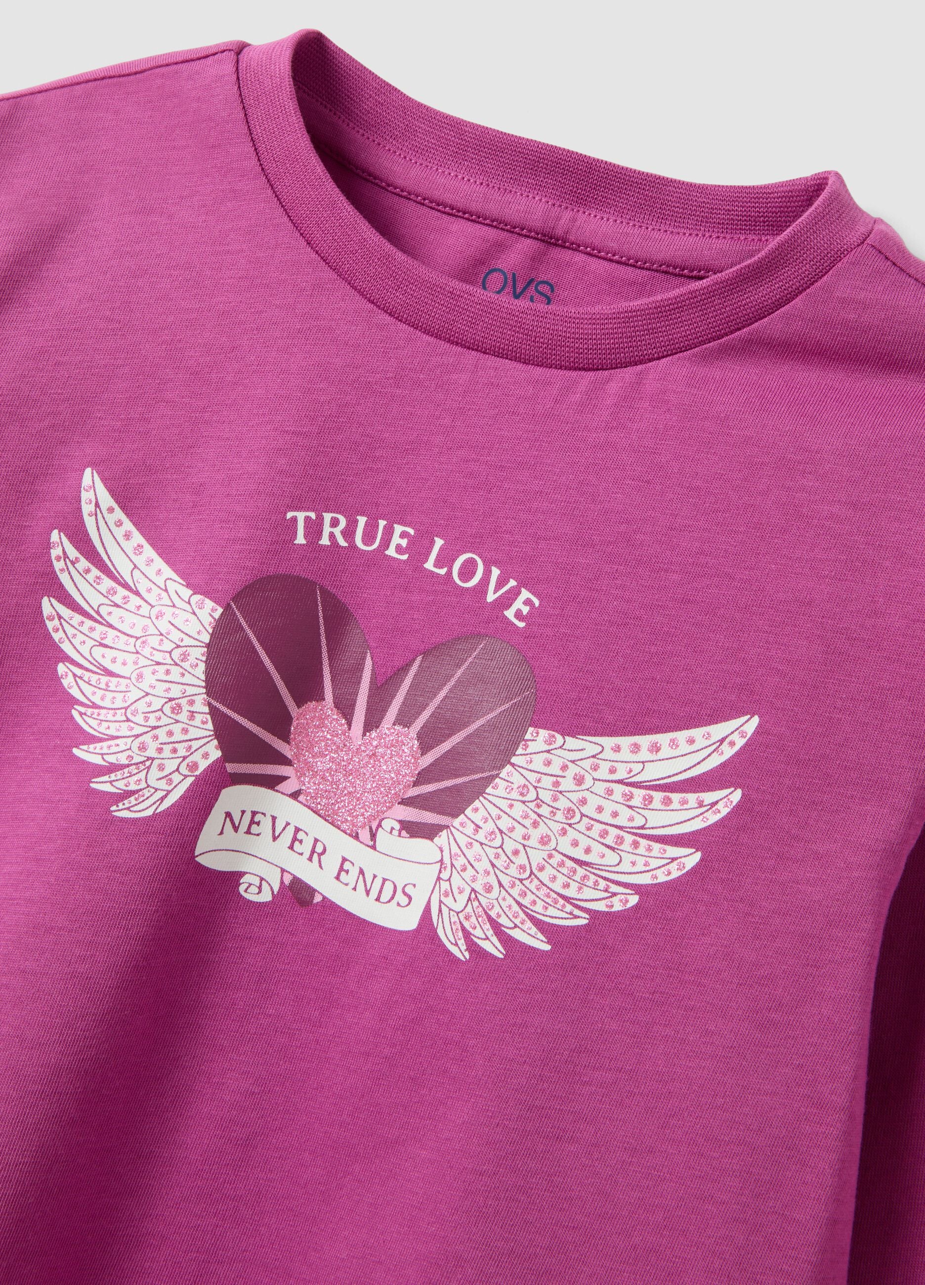 Purple pure organic cotton T-shirt with heart and wings print for girls